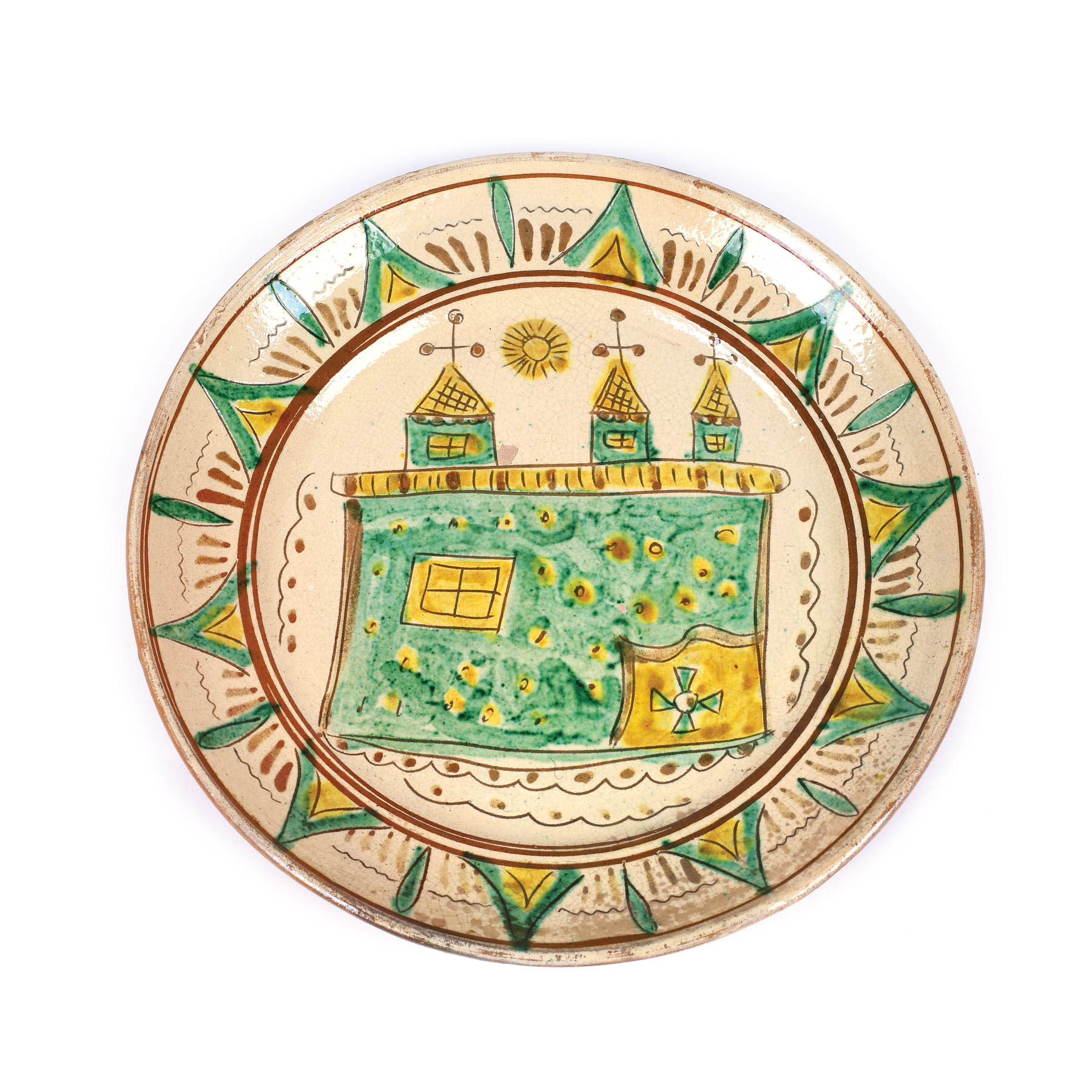 Farfurie din ceramică tip Kuty, decorată cu biserică și soare, semnată Constantin Colibaba, prima jumătate a sec. XX