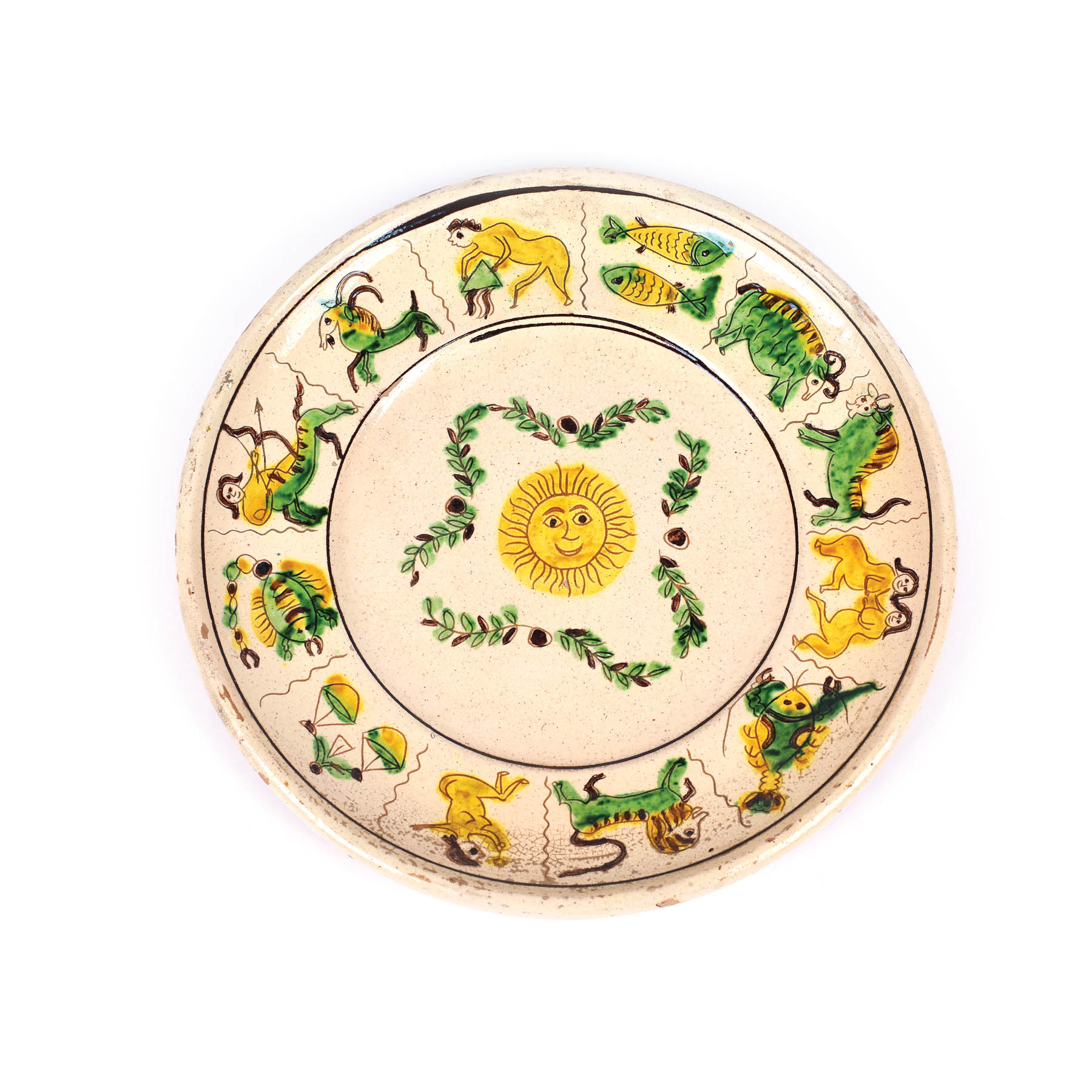 Kuty ceramic plate, decorated with the zodiac, signed Constantin Colibaba 