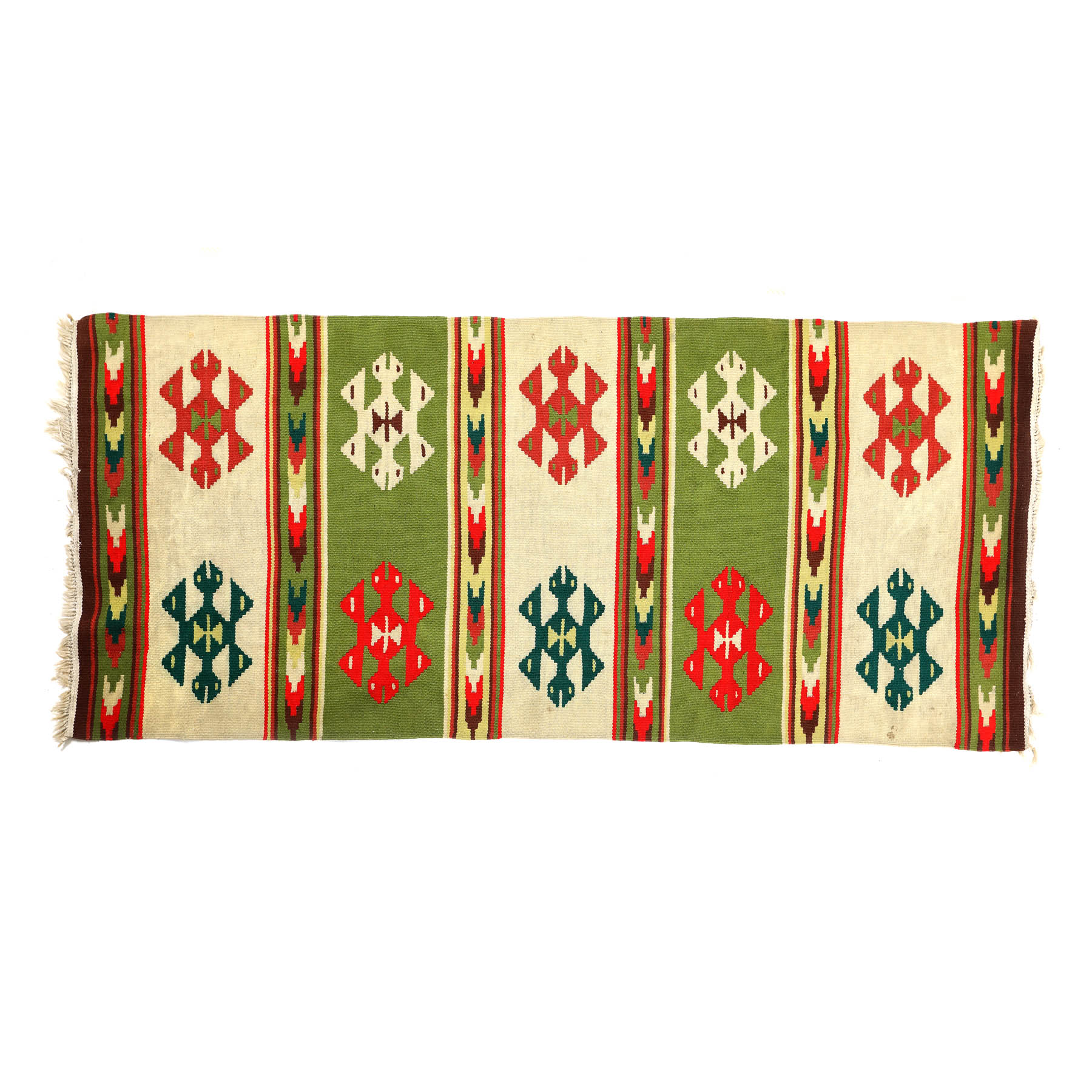 Covor oltenesc din lână, decorat cu motive geometrice, cca. 1940, provine din colecția etnografului Gheorghe Radocea