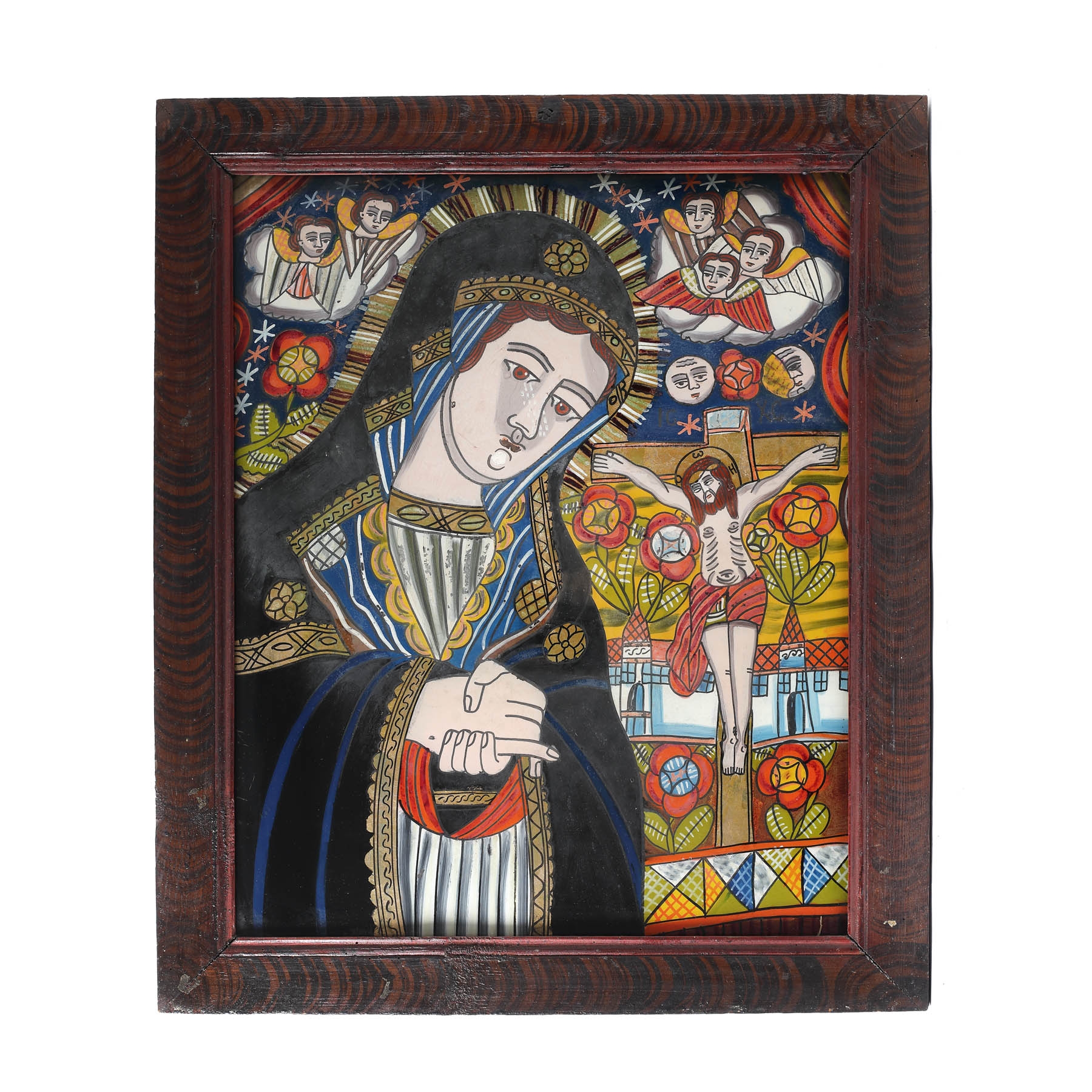 Icoană pe glajă, ”Maica Domnului Îndurerată”, ramă pictată, atelier transilvănean (Șcheii Brașovului), a doua jumătate a sec. XIX, provine din colecția artistei Cecilia Cuțescu-Storck