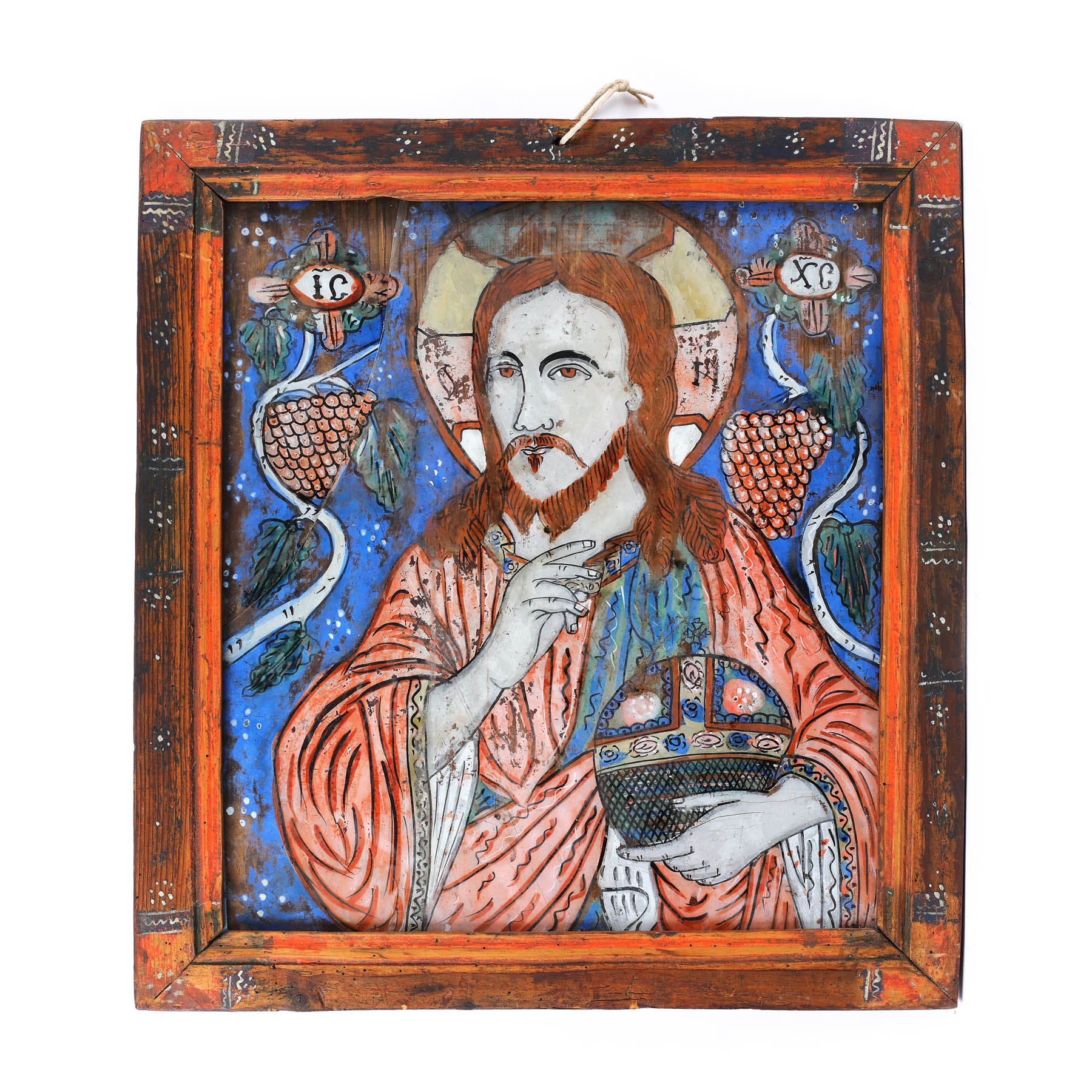 Icoană pe glajă, "Iisus Pantocrator", ramă pictată, atribuit zugrav Nicolae Oancea din Vale, Făgăraș, jumătatea sec. XIX, de colecție