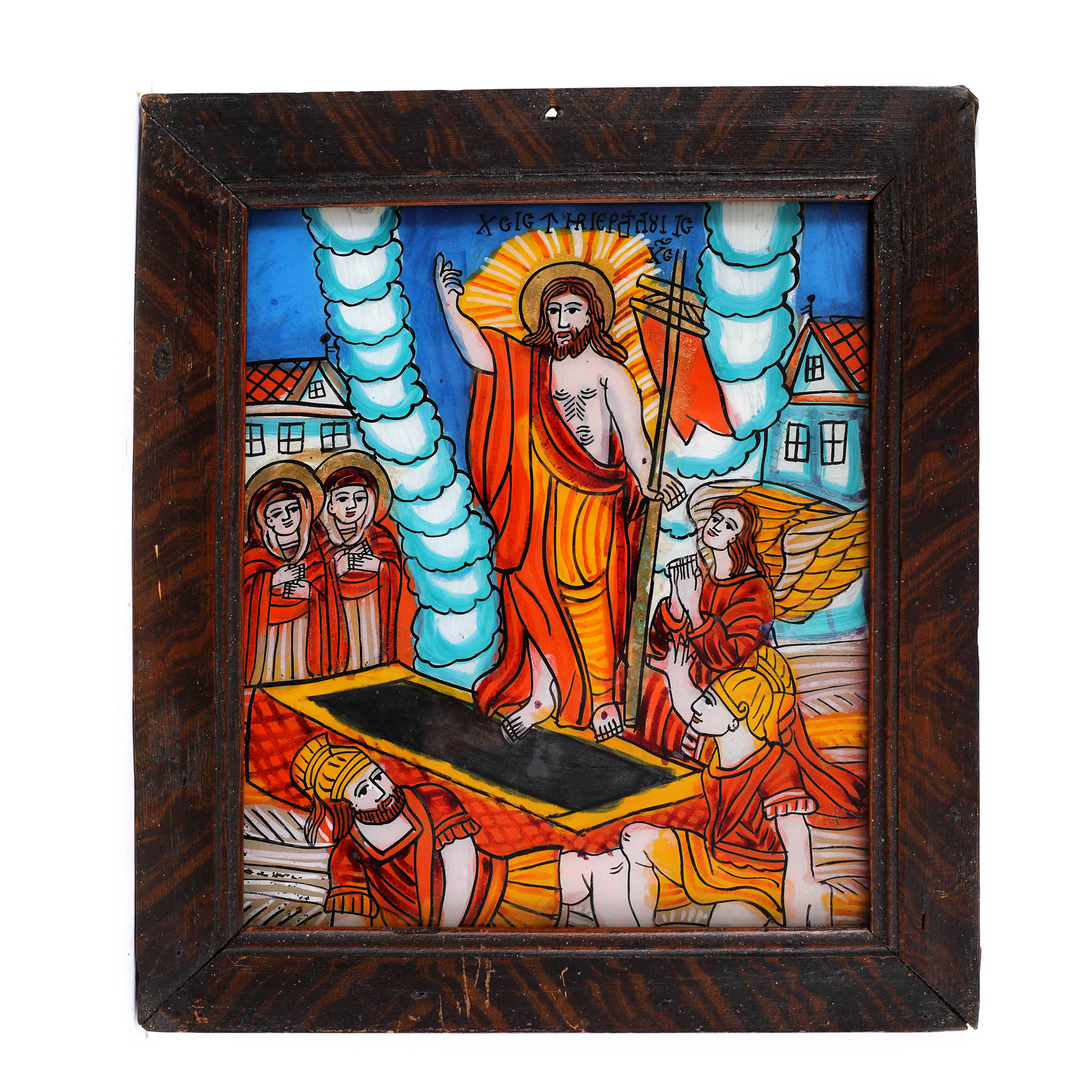 Icoană pe sticlă, ”Învierea Domnului”, ramă pictată, atelier transilvănean (Șcheii Brașovului), sfârșitul sec. XIX