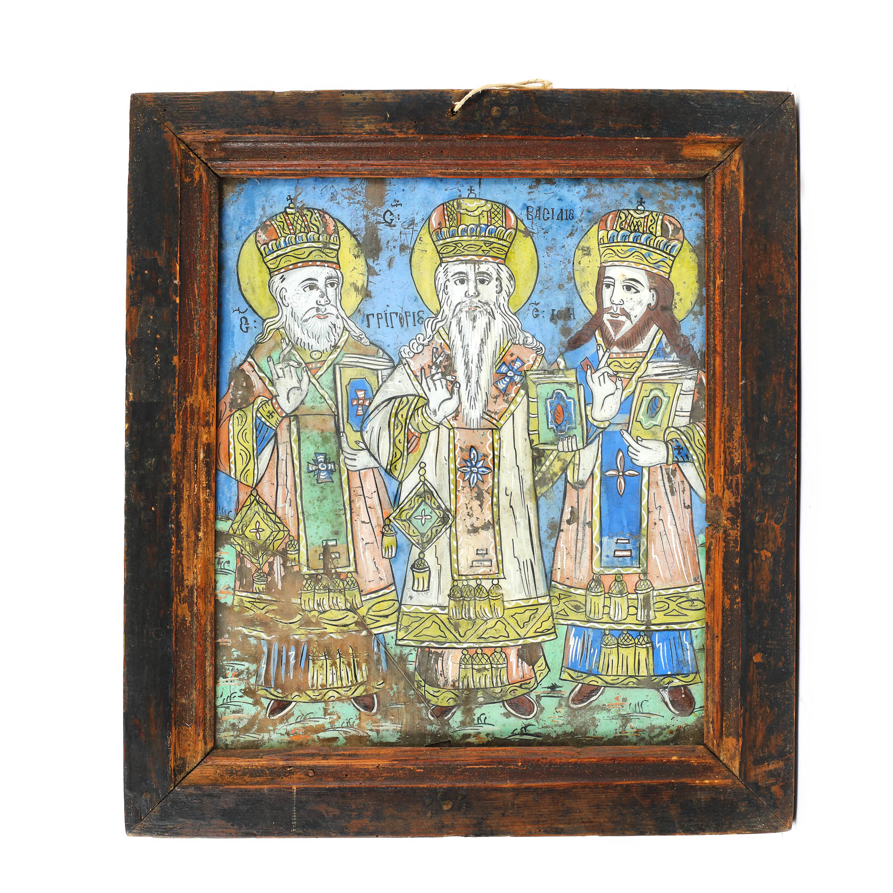 Icoană pe glajă, ”Sfinții Trei Ierarhi (Vasile, Ioan și Grigorie)”, atelier transilvănean (Săliștea), prima jumătate a sec. XIX