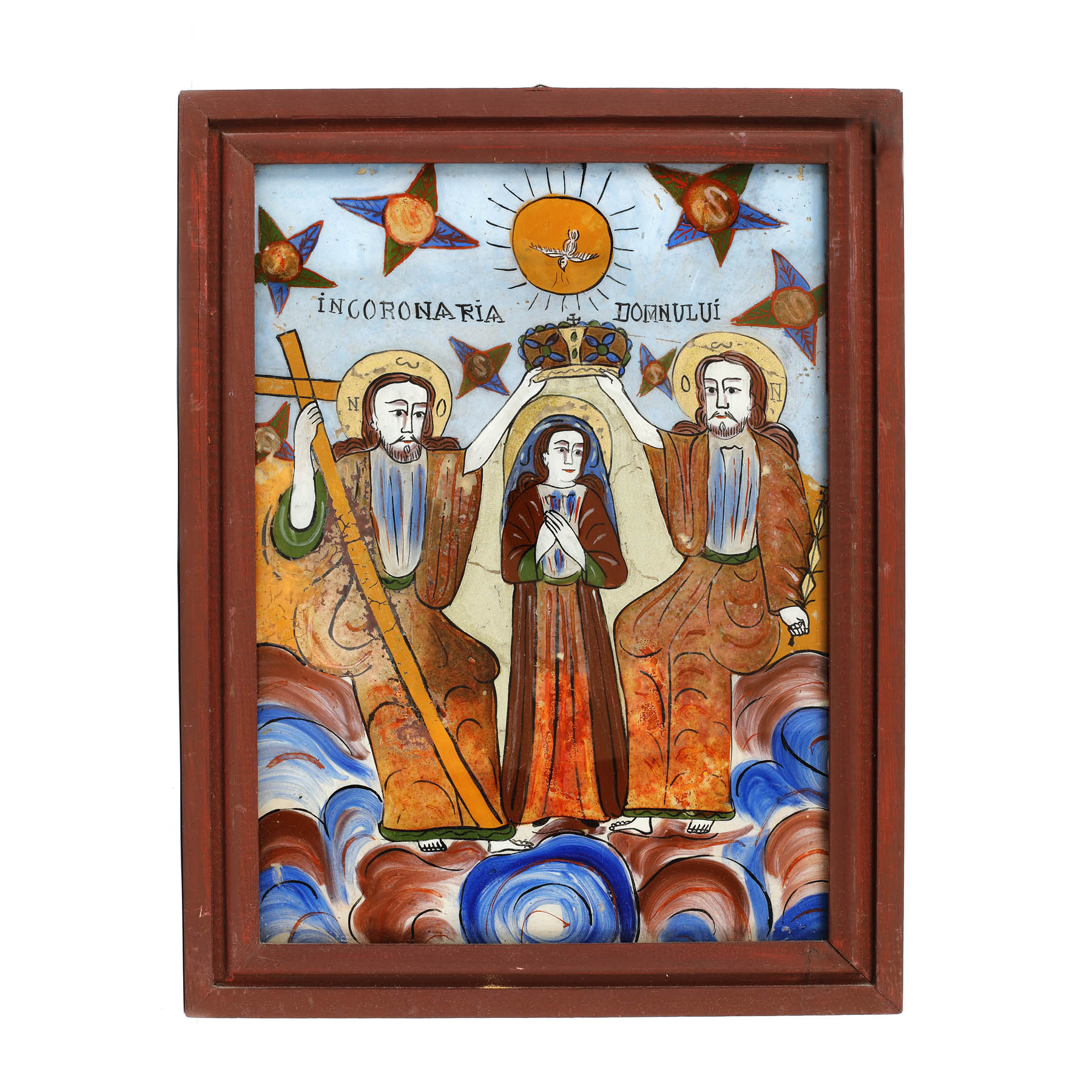 Icoană pe sticlă, ”Încoronarea Maicii Domnului”, atelier transilvanean (Gherla), începutul sec. XX