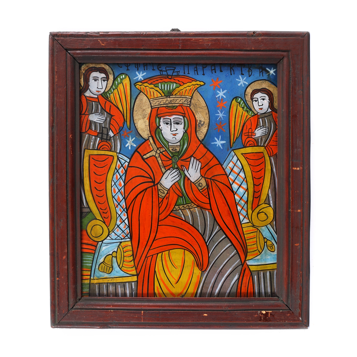 Icoană pe sticlă, ”Sfânta Paraschiva pe tron”, atelier transilvănean (Șcheii Brașovului), a doua jumătate a sec. XIX
