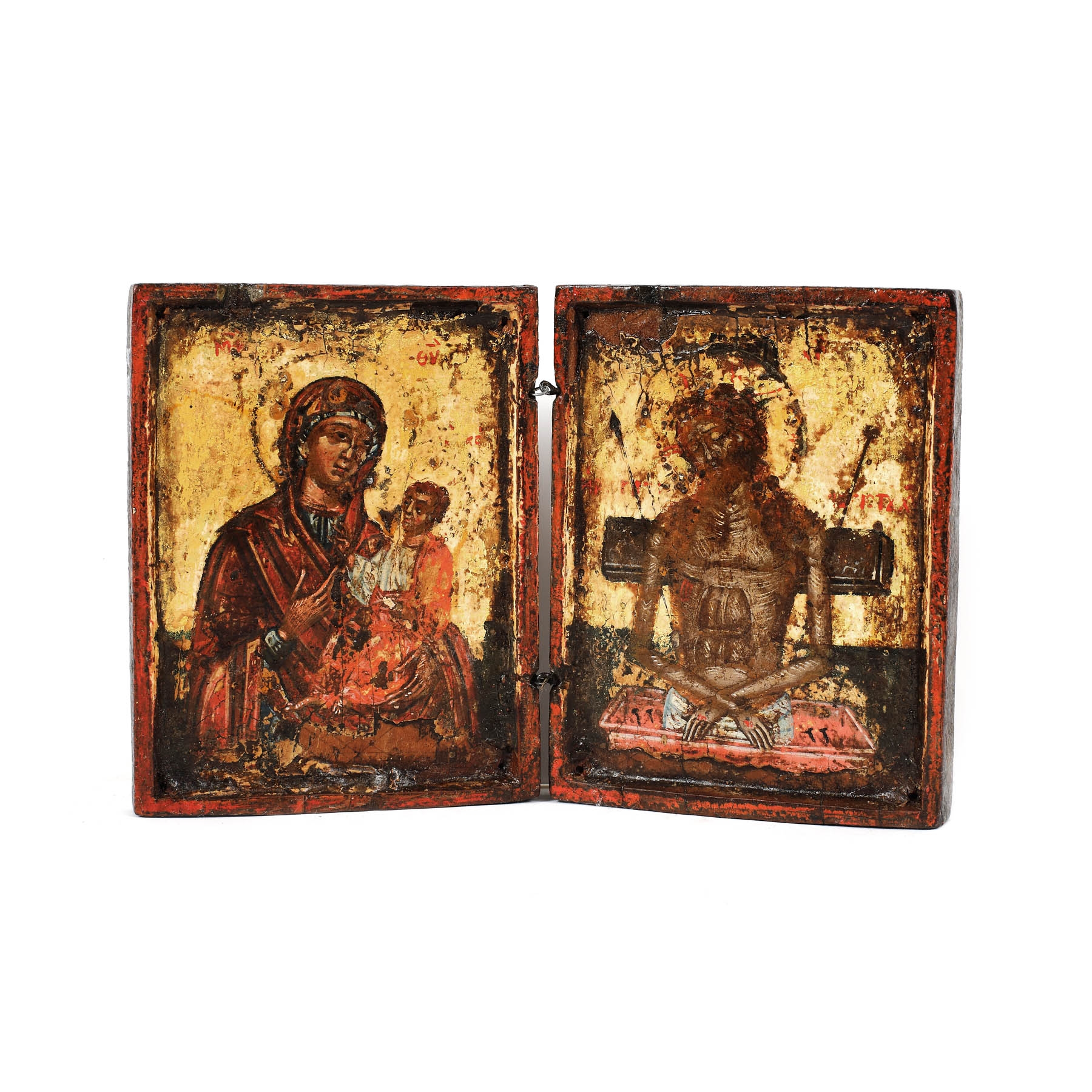 Diptic, ”Maica Domnului cu Pruncul (Hodighitria)” și ”Iisus Hristos în mormânt”, școală grecească, a doua jumătate a sec. XVII, piesă foarte rară, de colecție
