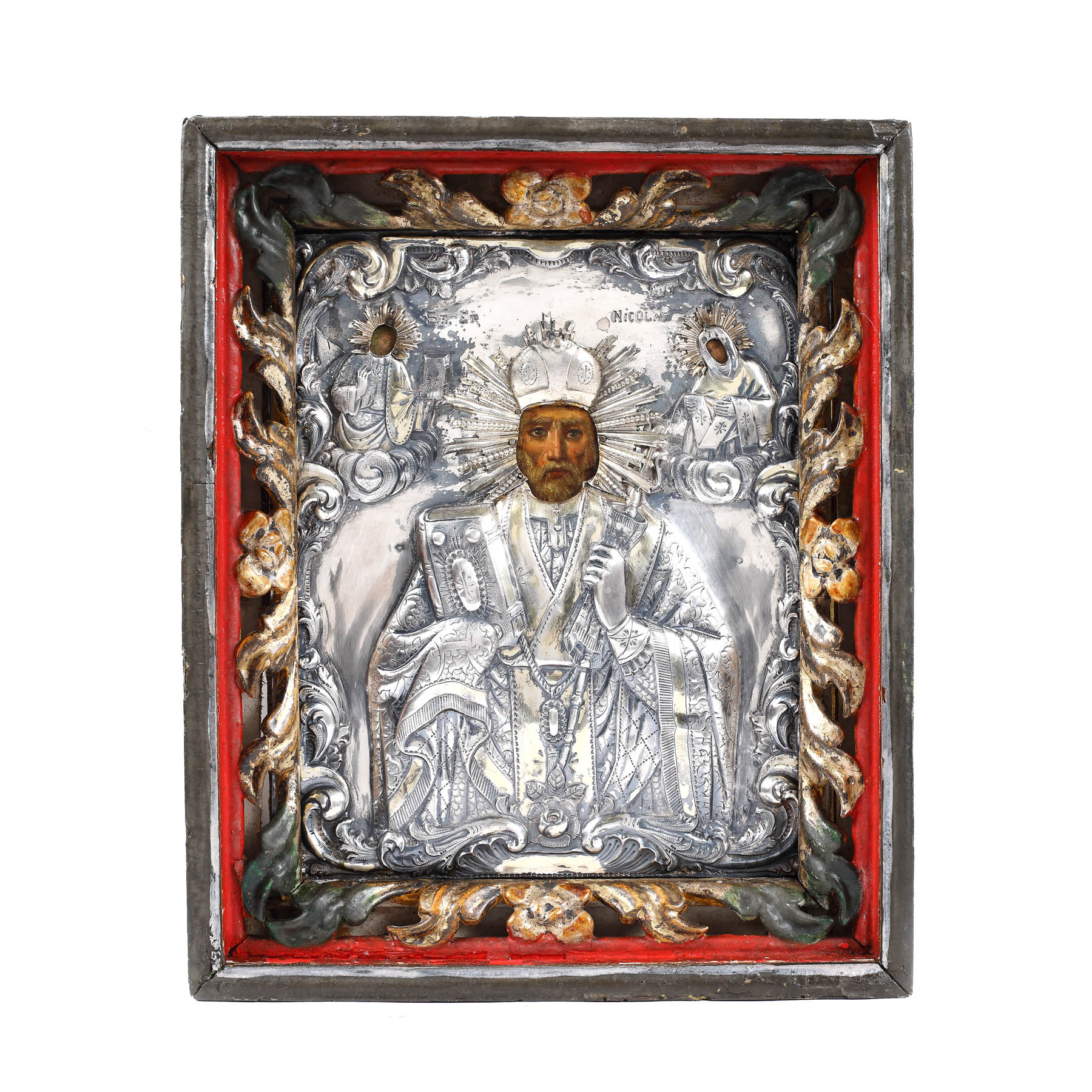 Icoană pe lemn, cu ferecătură din argint, "Sfântul Nicolae", ramă sculptată, școală românească, sec. XIX