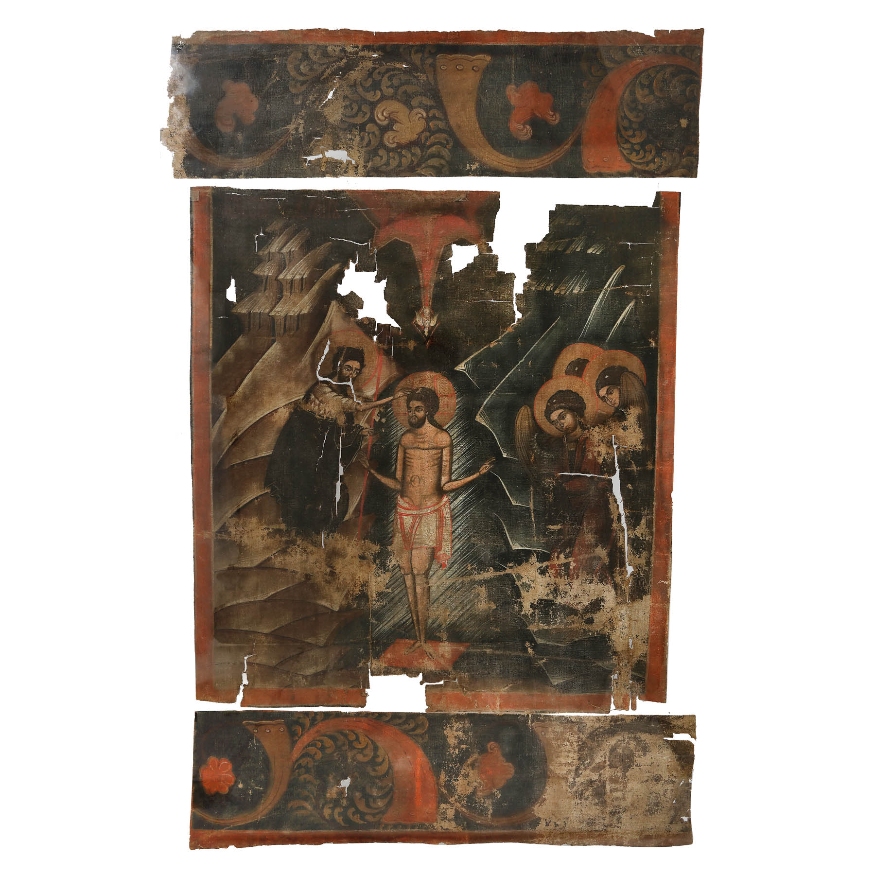 Fragment de prapur decorat pe ambele fețe cu scenele, ”Botezul Domnului” și ”Arhanghelul Mihail”, Țara Românească, școală brâncovenească, prima jumătate a sec. XVIII, piesă rară