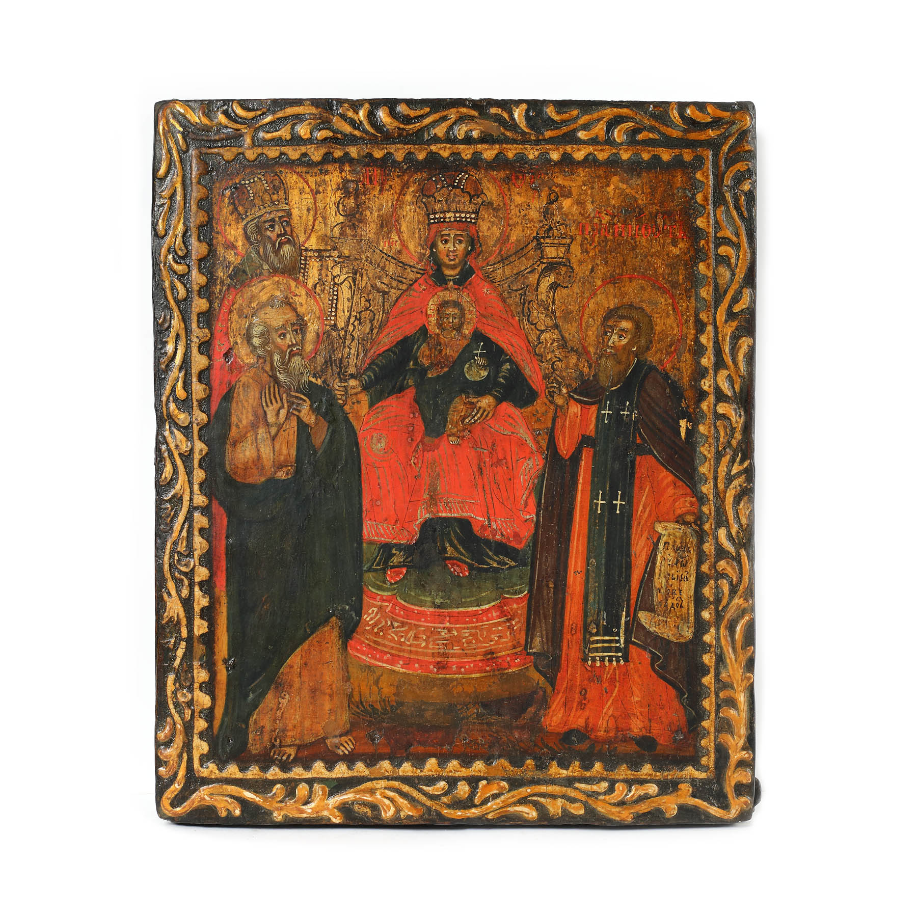 Icoană pe lemn, ”Maica Domnului cu Pruncul tronând, Sfântul Nicolae și doi sfinți”, ramă sculptată, Bucovina, sfârșitul sec. XVII - începutul sec. XVIII