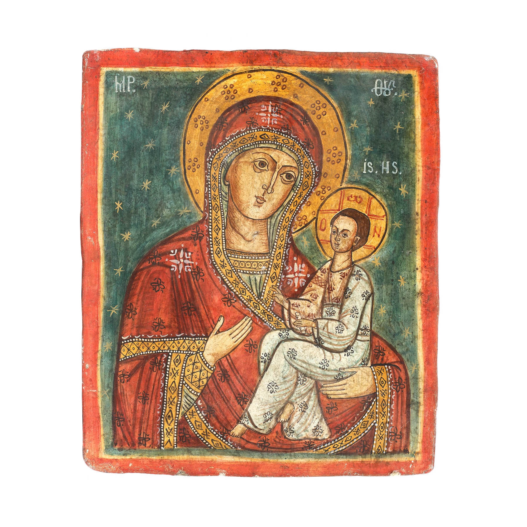Frescă cu scena ”Maica Domnului cu Pruncul (Hodighitria)", realizată în stil post-brâncovenesc, sec. XX, provine din colecția profesorului de pictură murală Ghiță Popescu