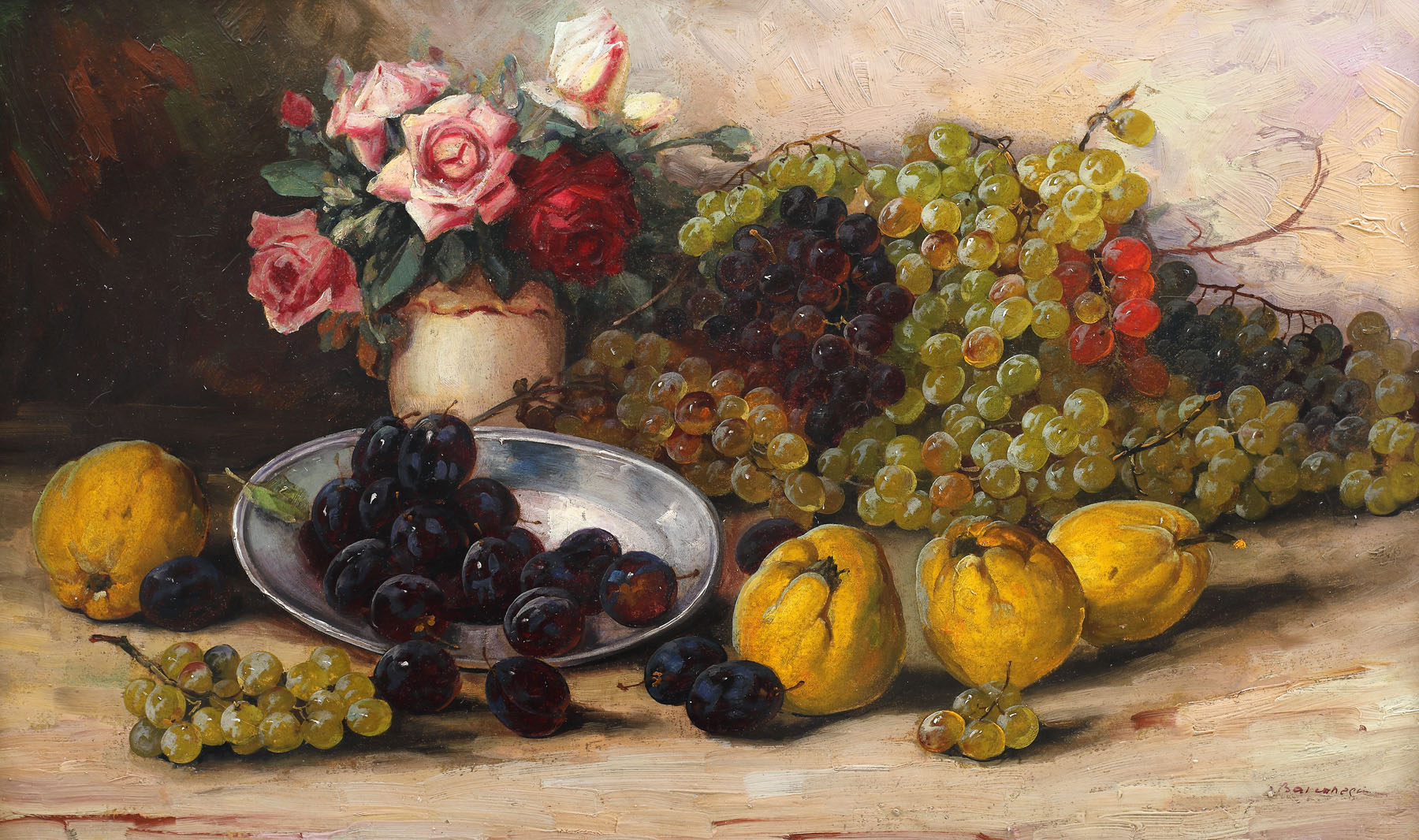 Still life with quinces and rose vase