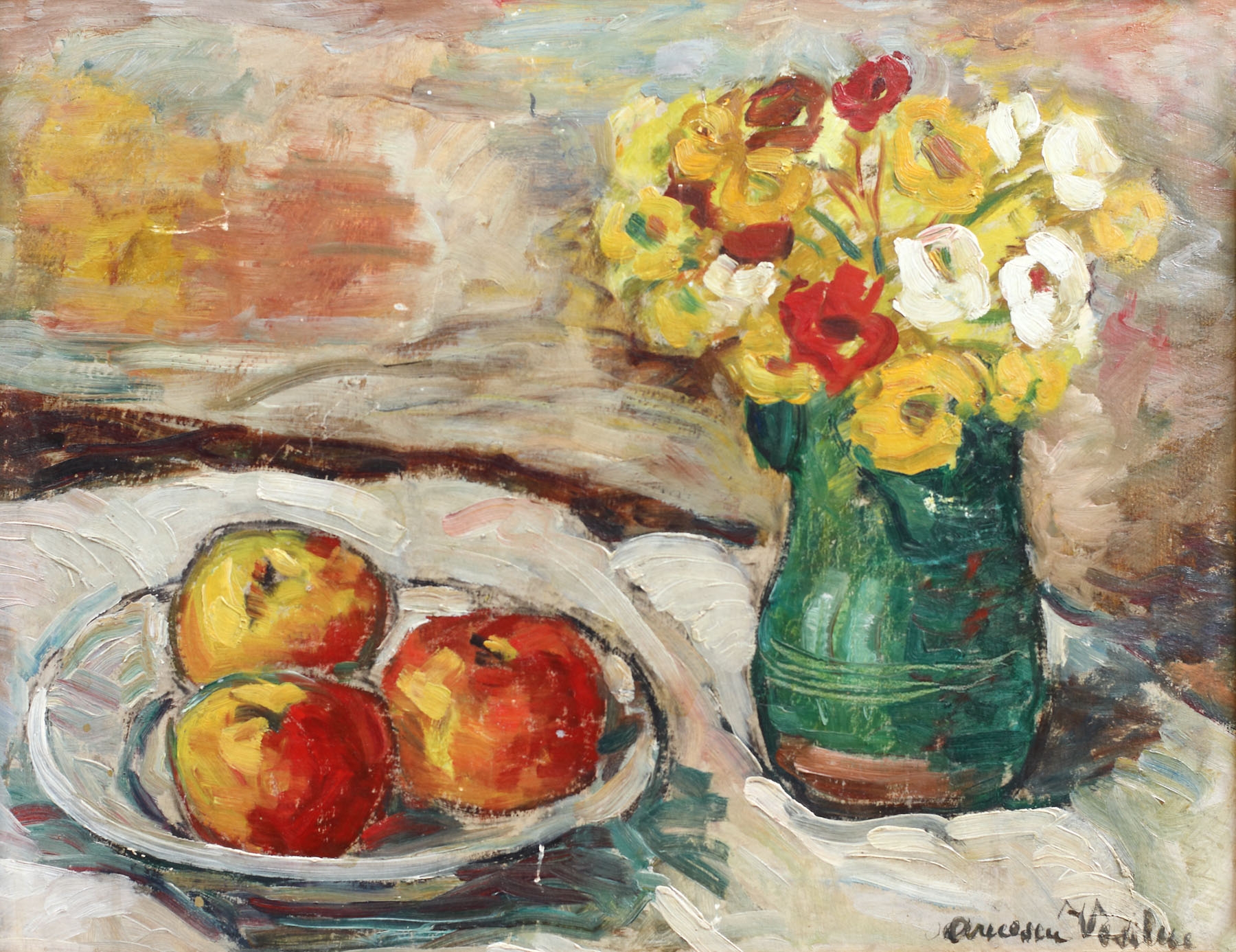 Still life with apples and flower jug
