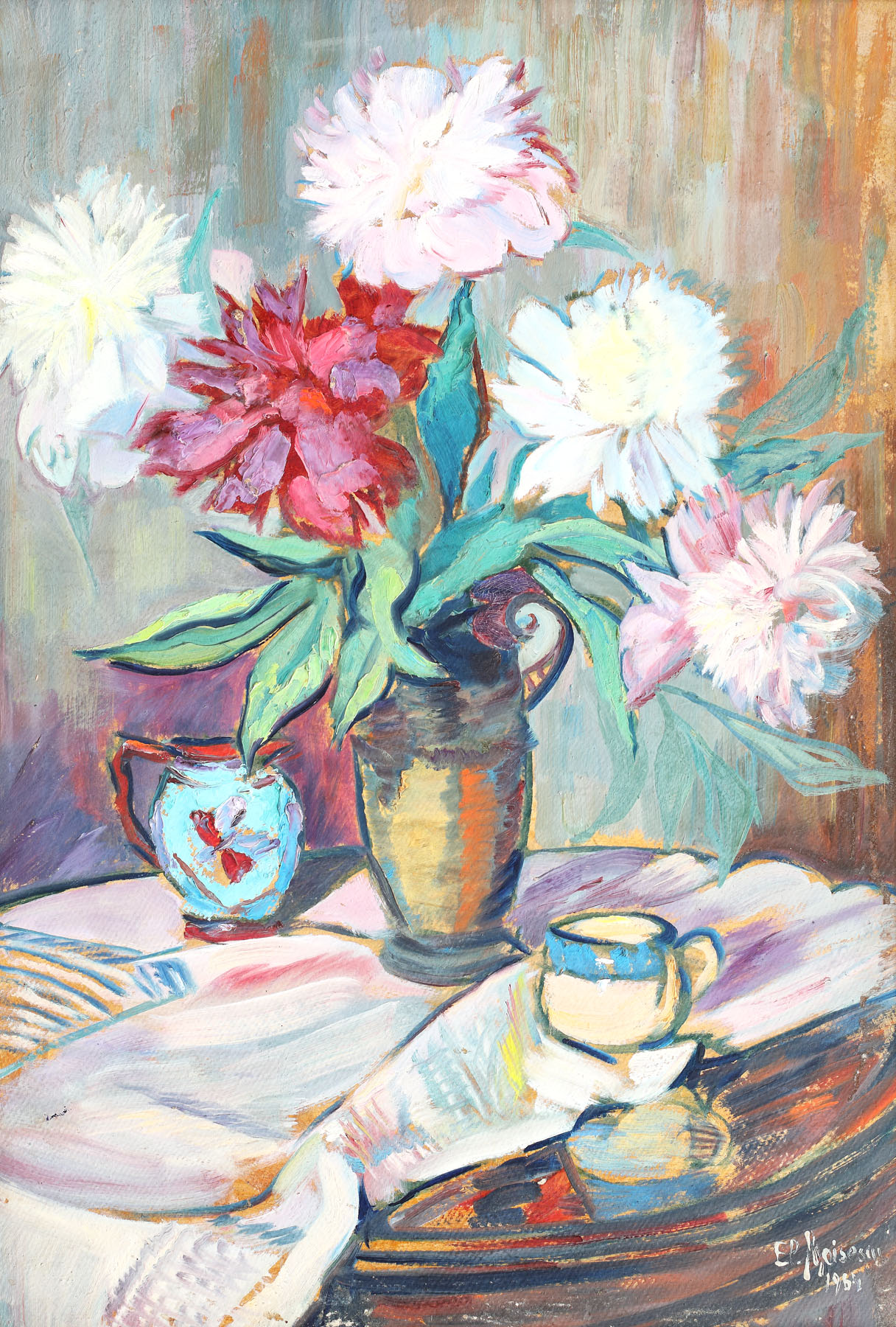 Still life with peonies and traditional pottery