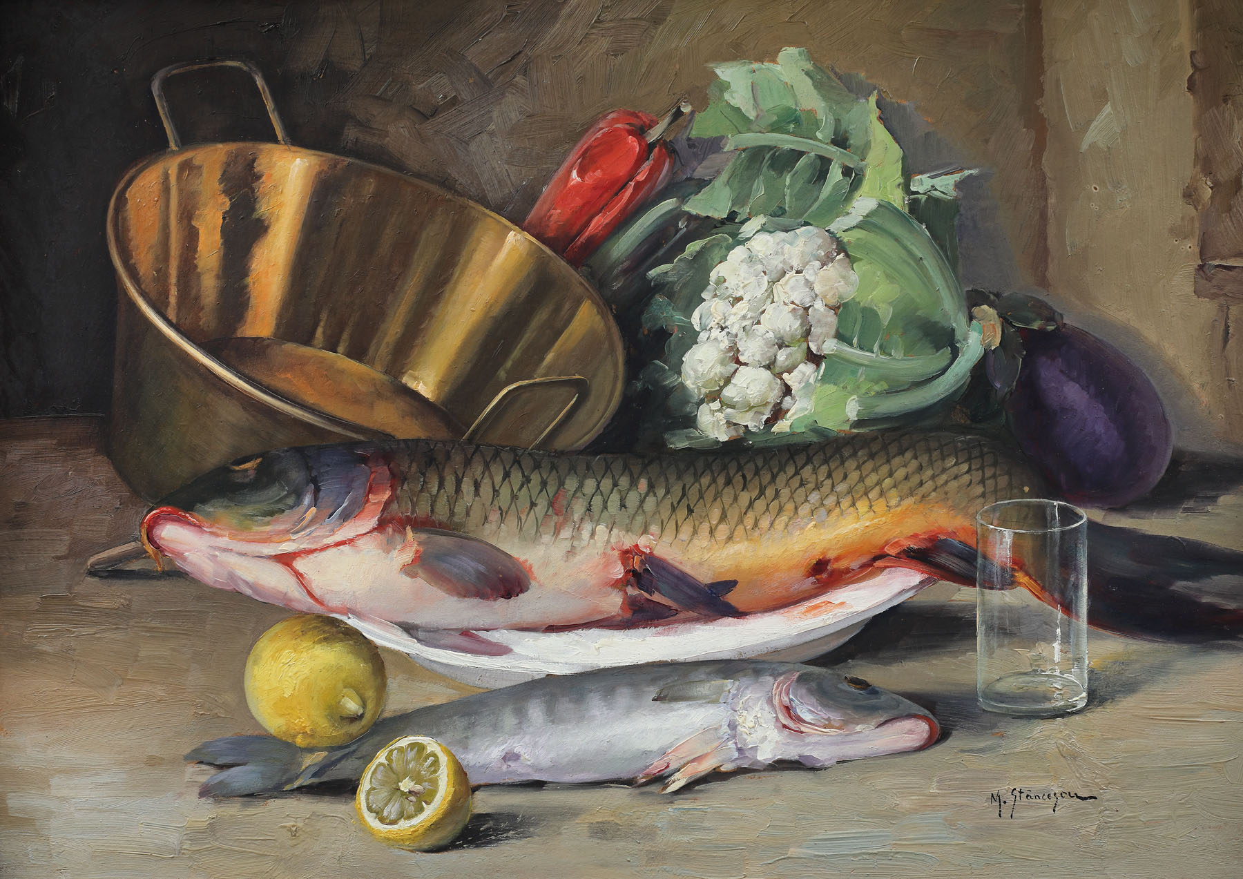 Still life with fish and vegetables