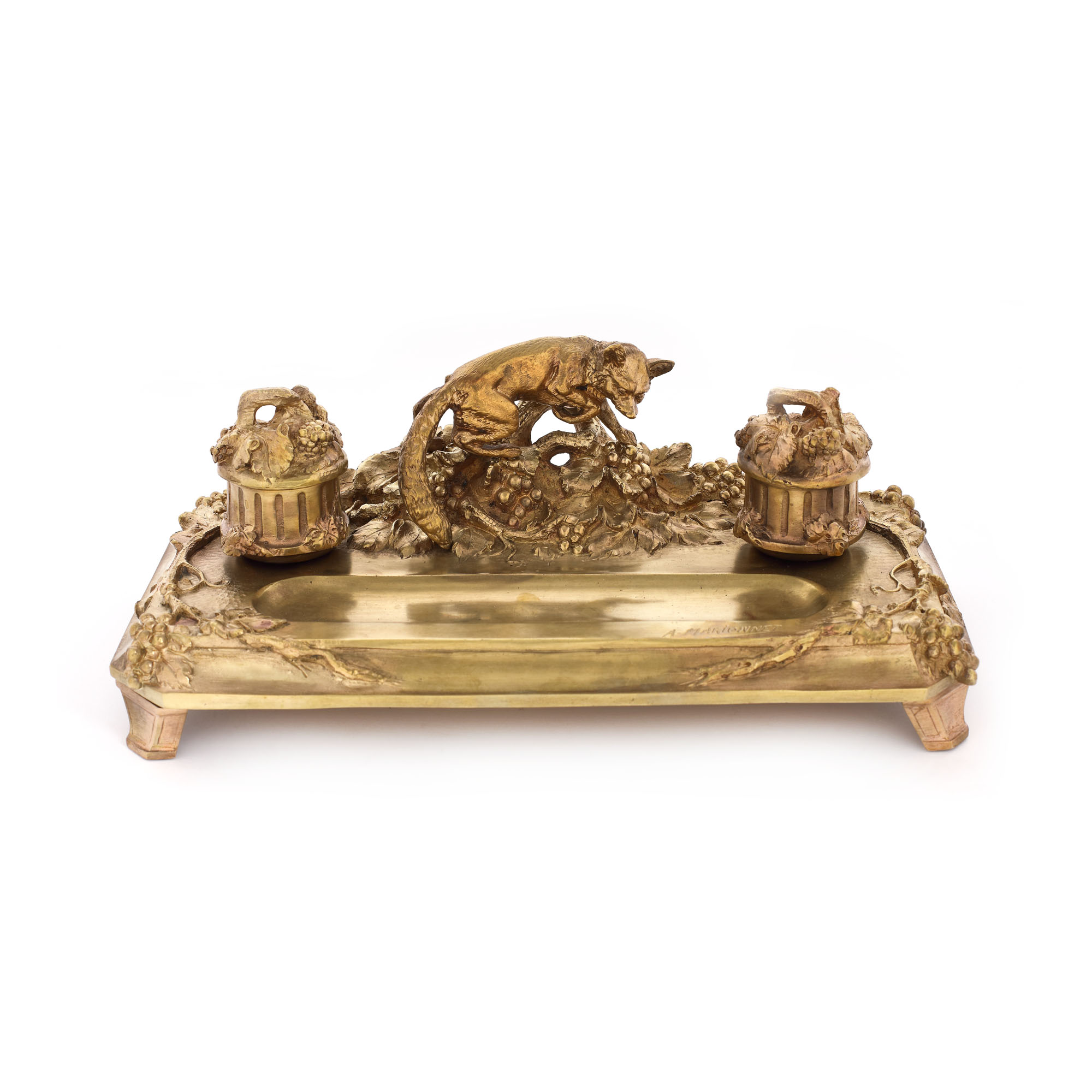 ”Le renard et les raisins” - superbă encrieră Albert Marionnet, Art Nouveau, din bronz aurit, cca. 1900, piesă rară, de colecție