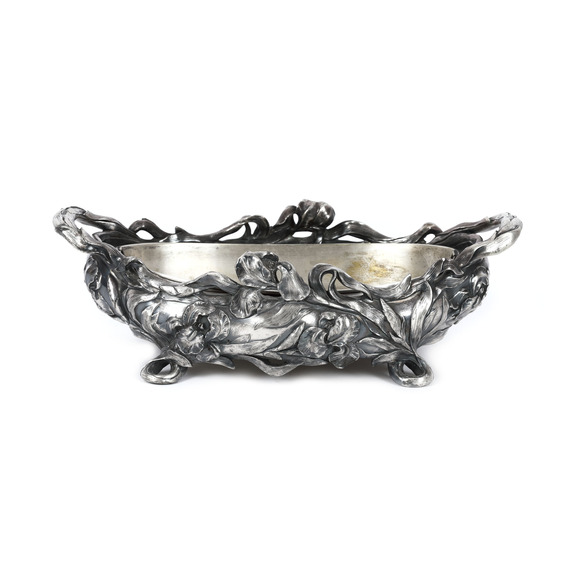 Jardinieră Art Nouveau din bronz argintat, decorată cu flori de iris, cca. 1900