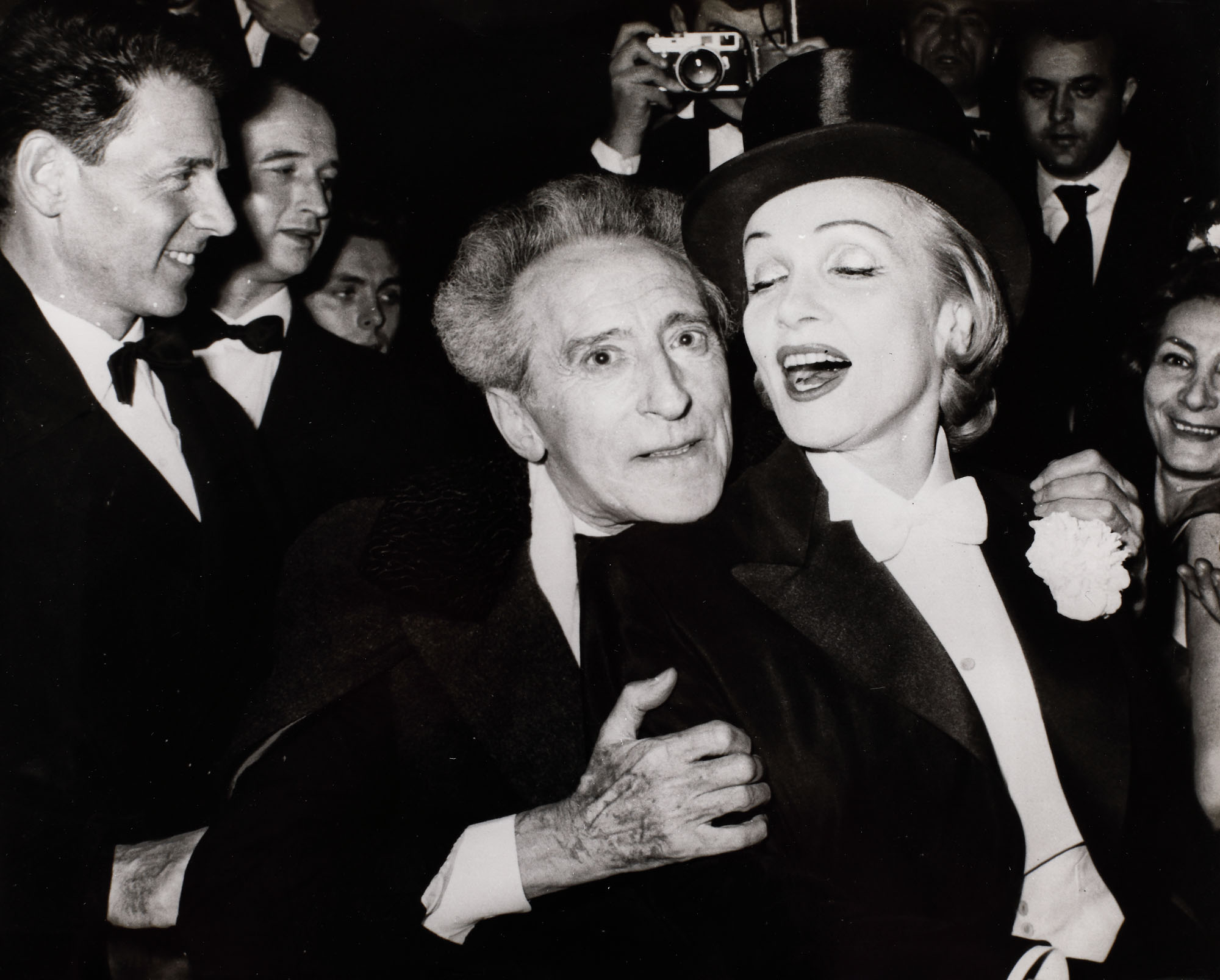 Marlene Dietrich with Jean Cocteau and Jean-Pierre Aumont, after the show at the famous Théâtre de l'Étoile, Paris, France, press photograph, approx. 1959