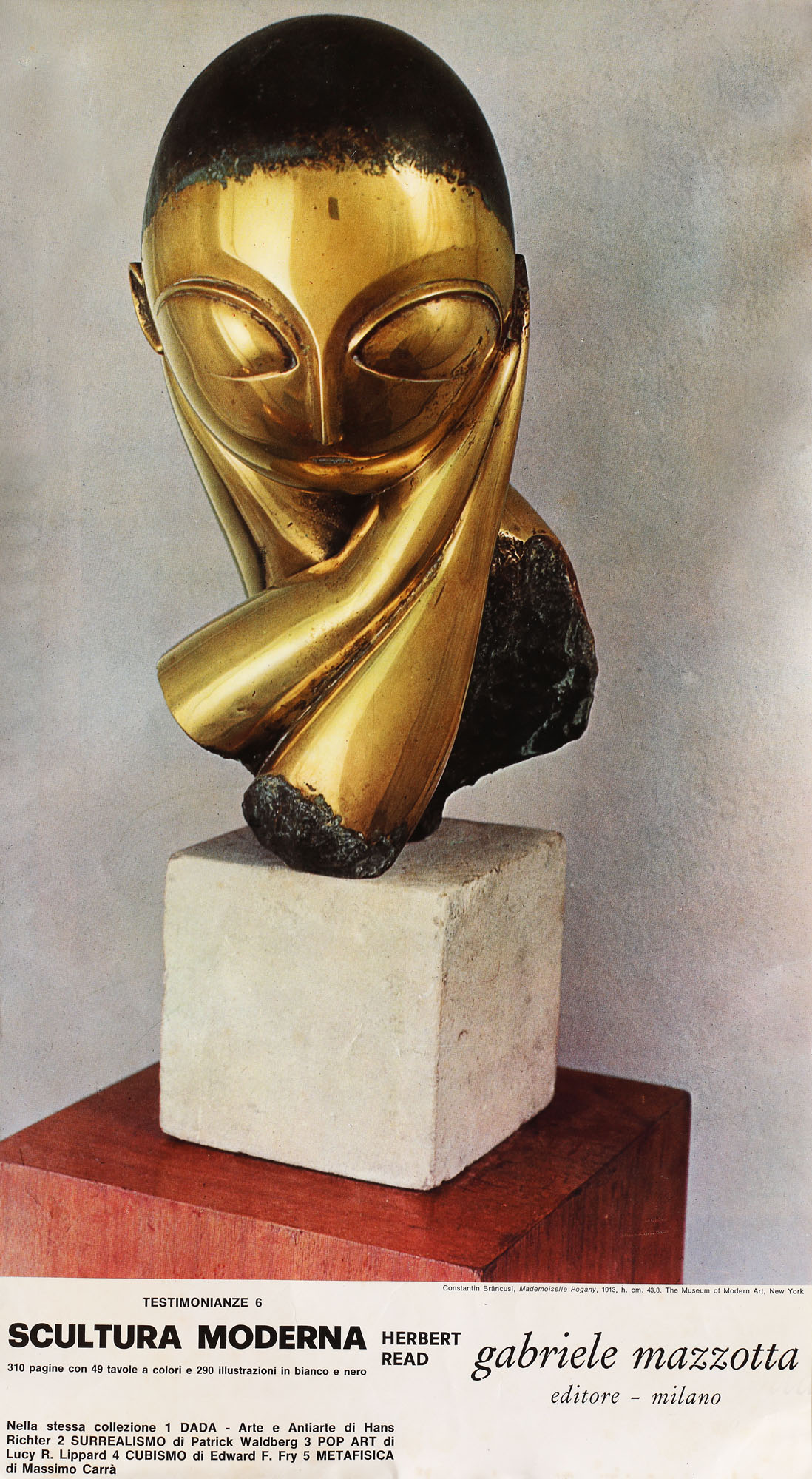 Promotional poster of an anthology of modern sculpture, illustrating the famous work "Miss Pogany", signed Constantin Brâncu?i, editor Gabrielle Mazzotta, Milan