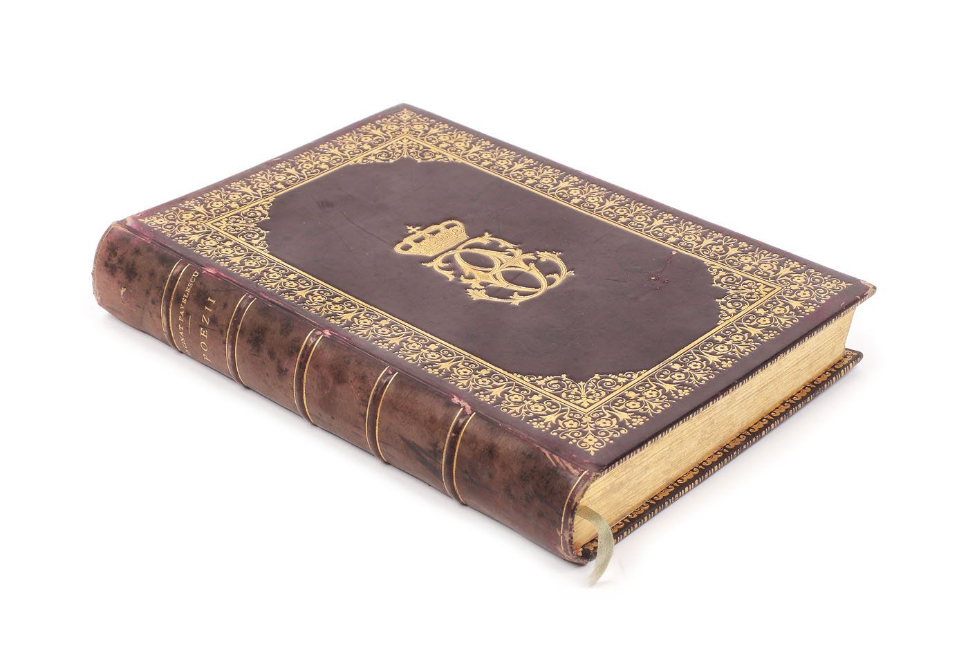 "Poezii", by Cincinat Pavelescu, the cover is decorated with the gilded cypher of King Carol I, Bucharest, 1911
