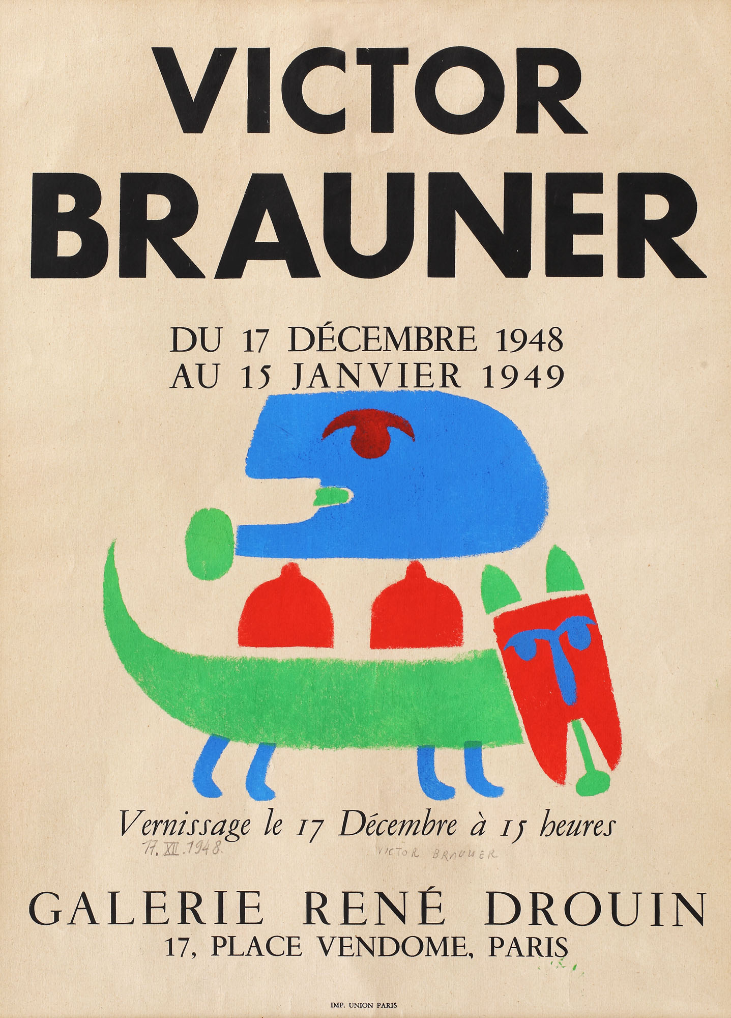 Poster of a Victor Brauner exhibition, at René Drouin Gallery, Paris, December 17, 1948 - January 15, 1949