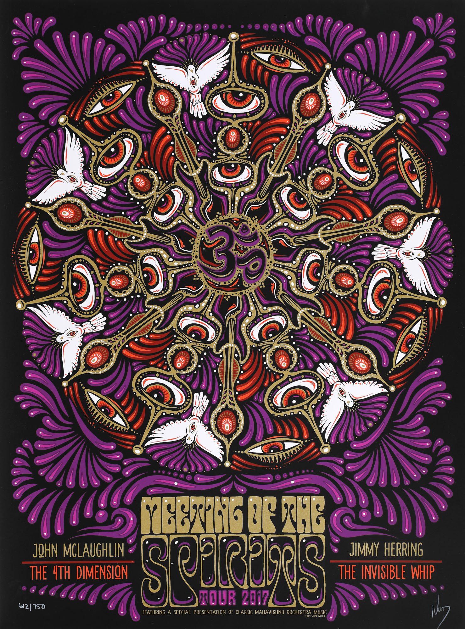 Afiș al turneului ”Meeting of the spirits”, John McLaughlin și Jimmy Herring, realizat de artistul Jeff Wood, 2017