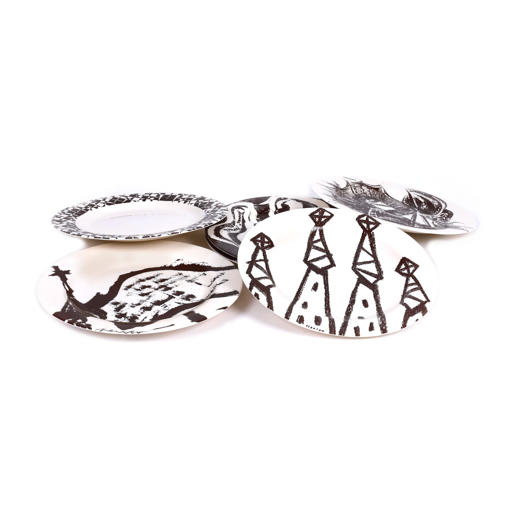 Set of six plates, decorated with illustrations signed by various artists, all inspired by Gaudi's work