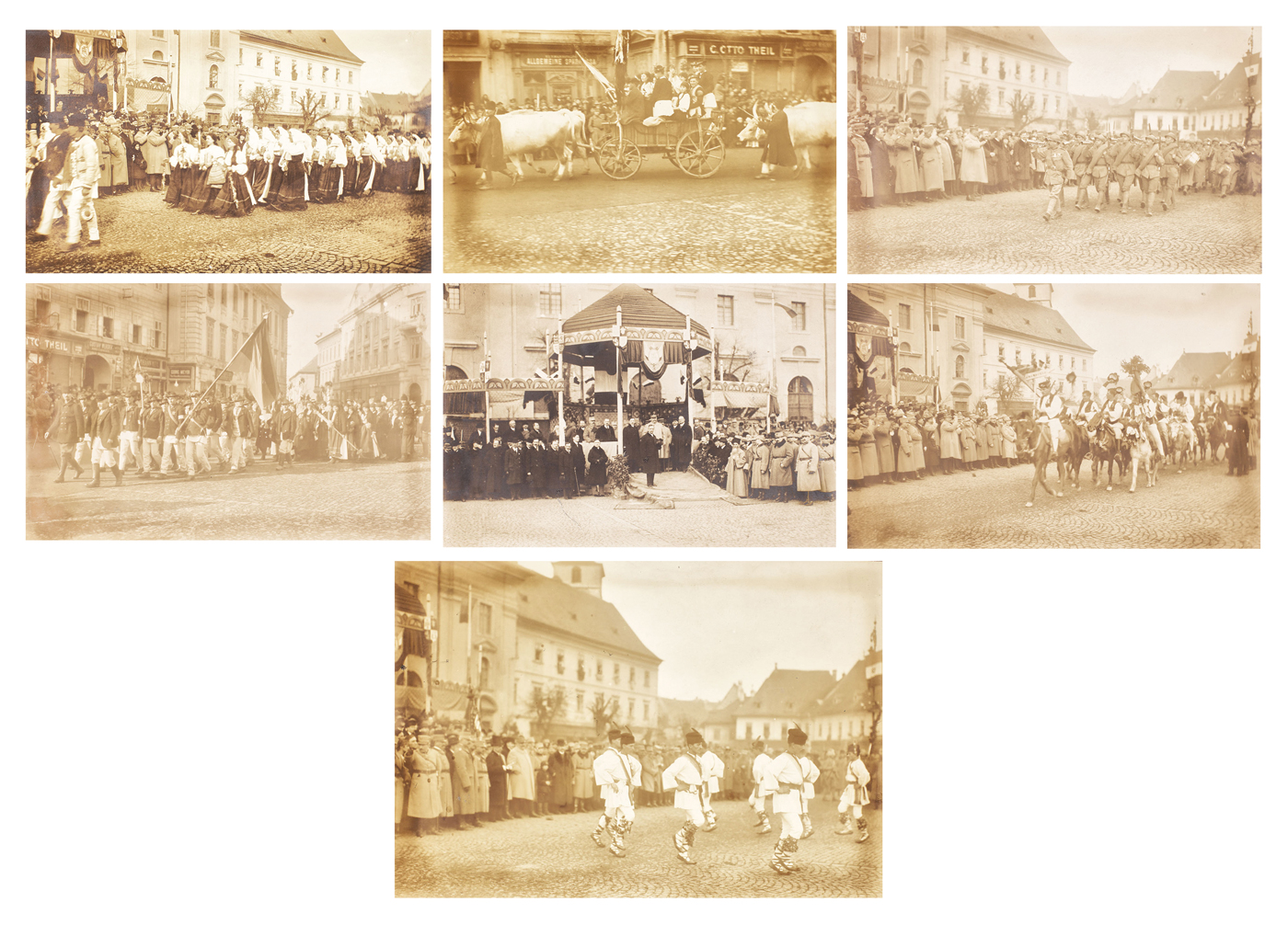 Lot format din șapte fotografii de colecţie, reprezentând vizita generalului Henri Mathias Berthelot în Ardeal: ”Tribuna Oficială în Sibiu”, ”Defilarea trupelor române”, ”Călăreți în jurul Sibiului”, ”Cortegii etnografice”, ”Călușari”, ”Femei din jurul Sibiului”, ”Primirea în Săliște”, ”Defilarea bărbaților în Sibiu”, ”Plecarea generalului Berthelot din Sibiu”, 15 ianuarie 1919