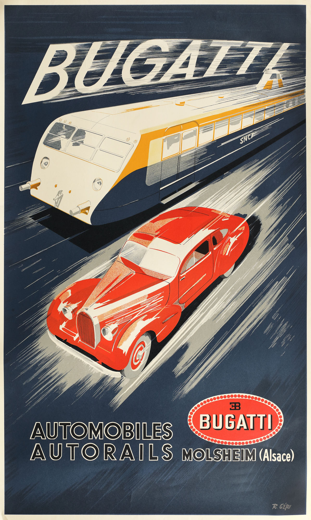 Promotional poster of Bugatti vehicles, made by R. Géri, approx. 1980