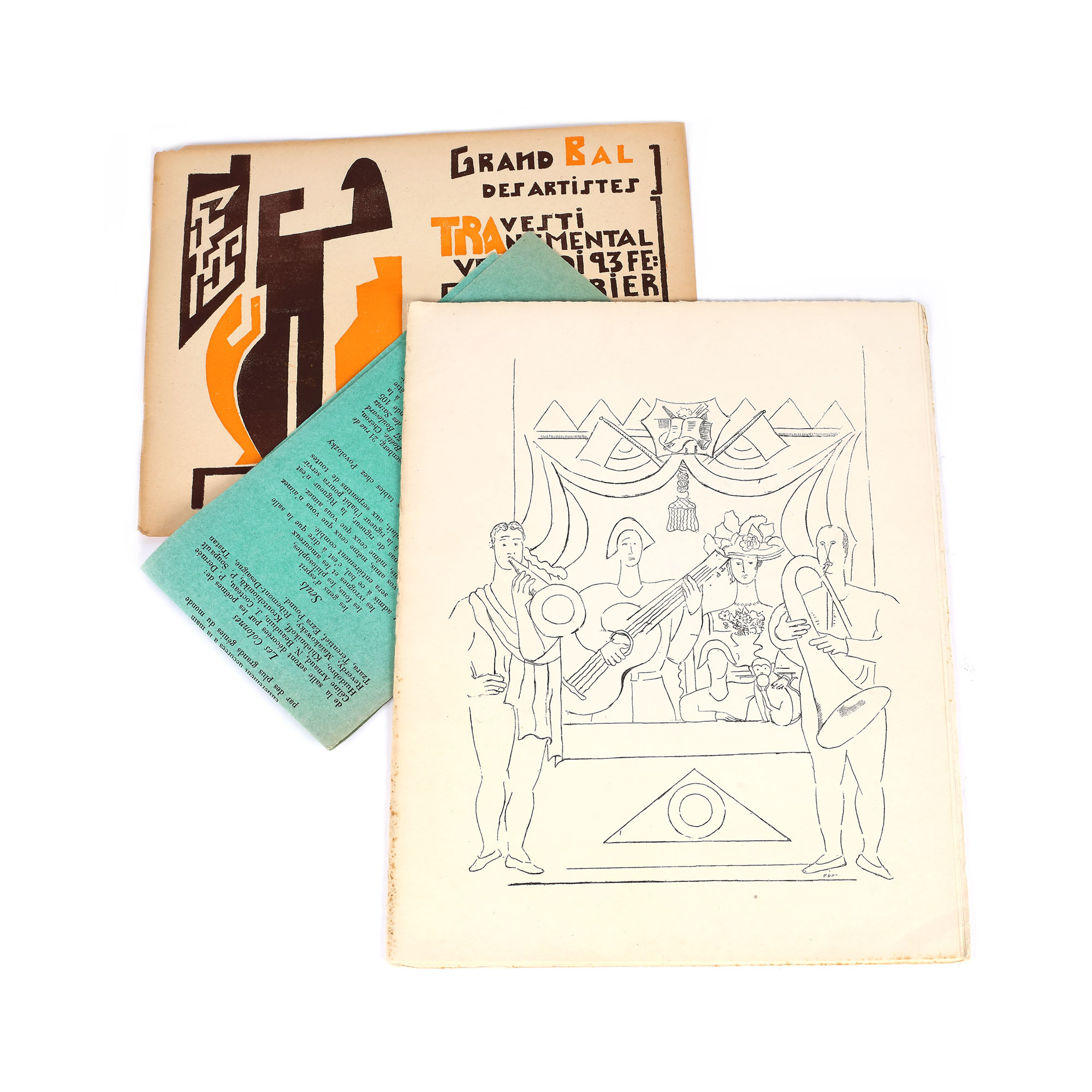 Lot format din afiș, bilet și program al Balului "Travesti-Transmental", realizate de avangardistul rus Mihail Larionov, Paris, 1923