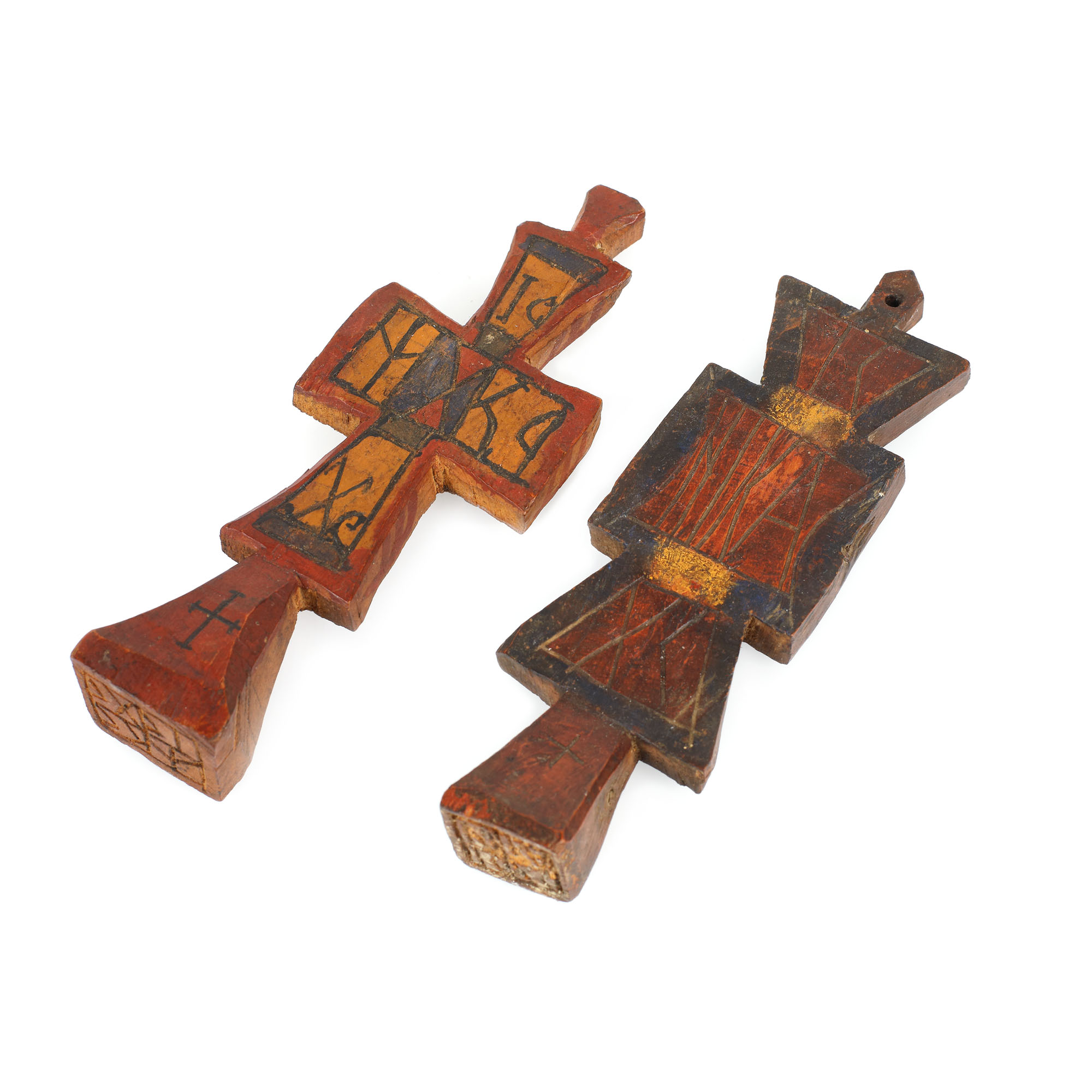 Lot of two wooden cross-shaped stamps, painted, 19th century