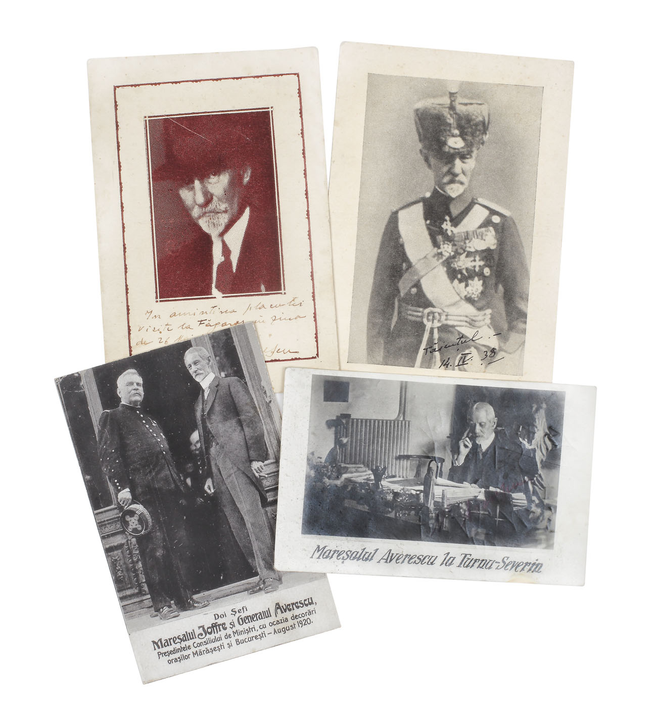Lot format din patru cărți poștale ilustrând pe mareșalii Alexandru Averescu și Joseph Joffre, două dintre ele au semnătura olografă a mareșalului Alexandru Averescu, datate 1936, 1938