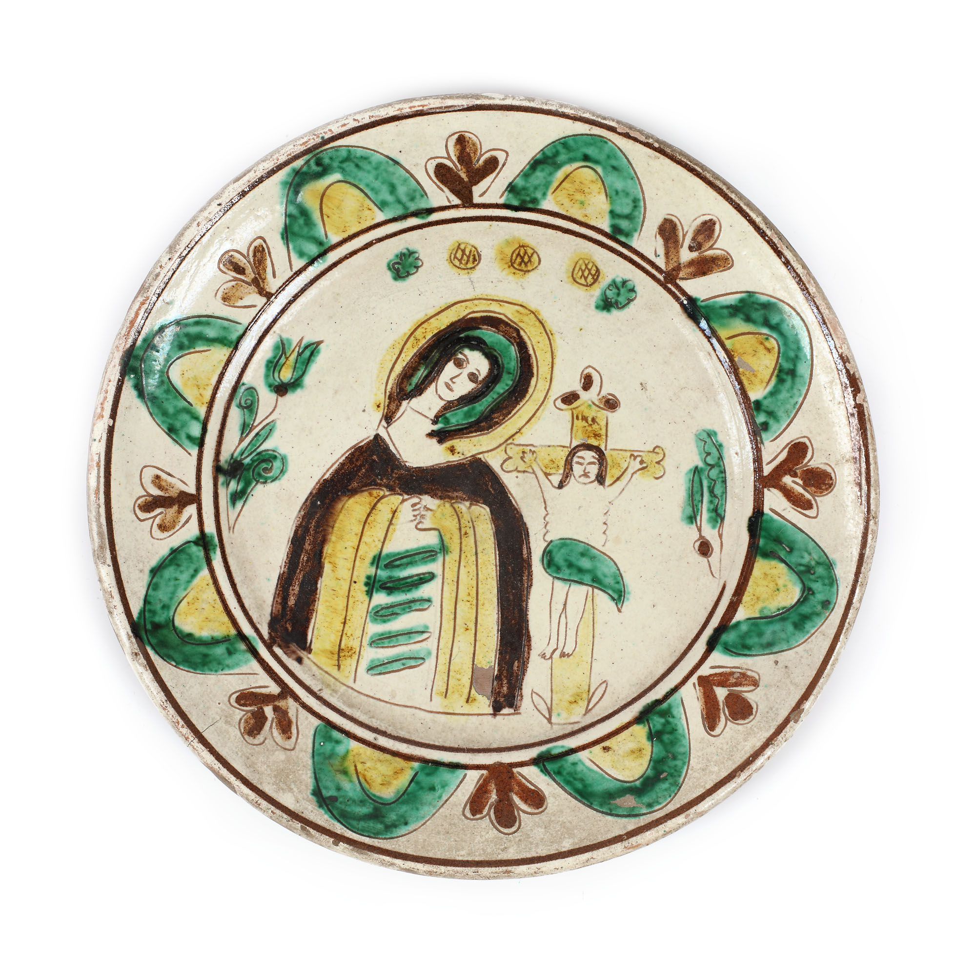 Plate, Kuty type, decorated with "Bereaved Virgin Mary" scene, Radauti, interwar period