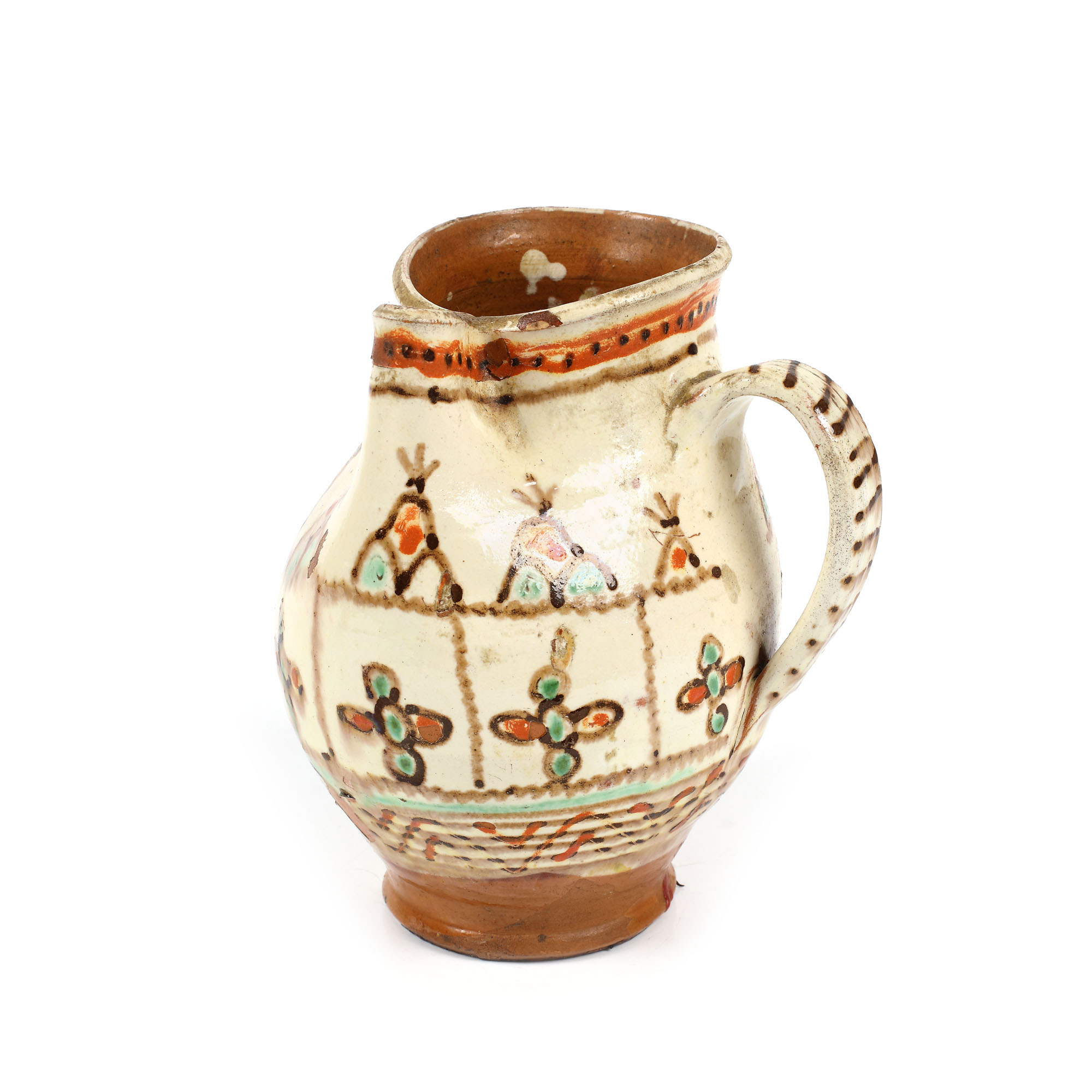 Two-lobed water cup, decorated with floral motifs, signed Stelian Ogrezeanu, Horezu, approx. 1950
