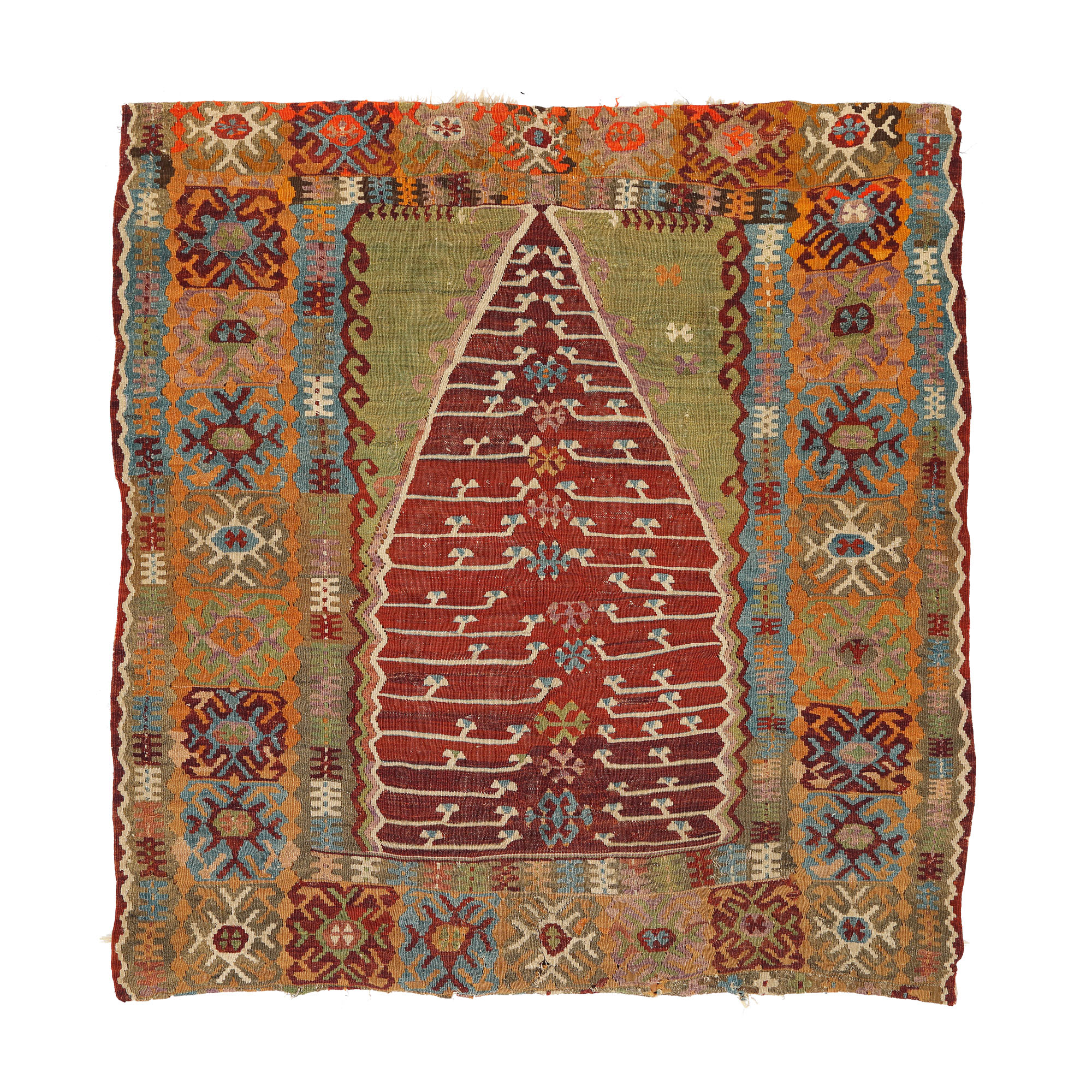 Covor din lână anatolian, de rugăciune, decorat cu motive tribale și mihrab, sec. XIX
