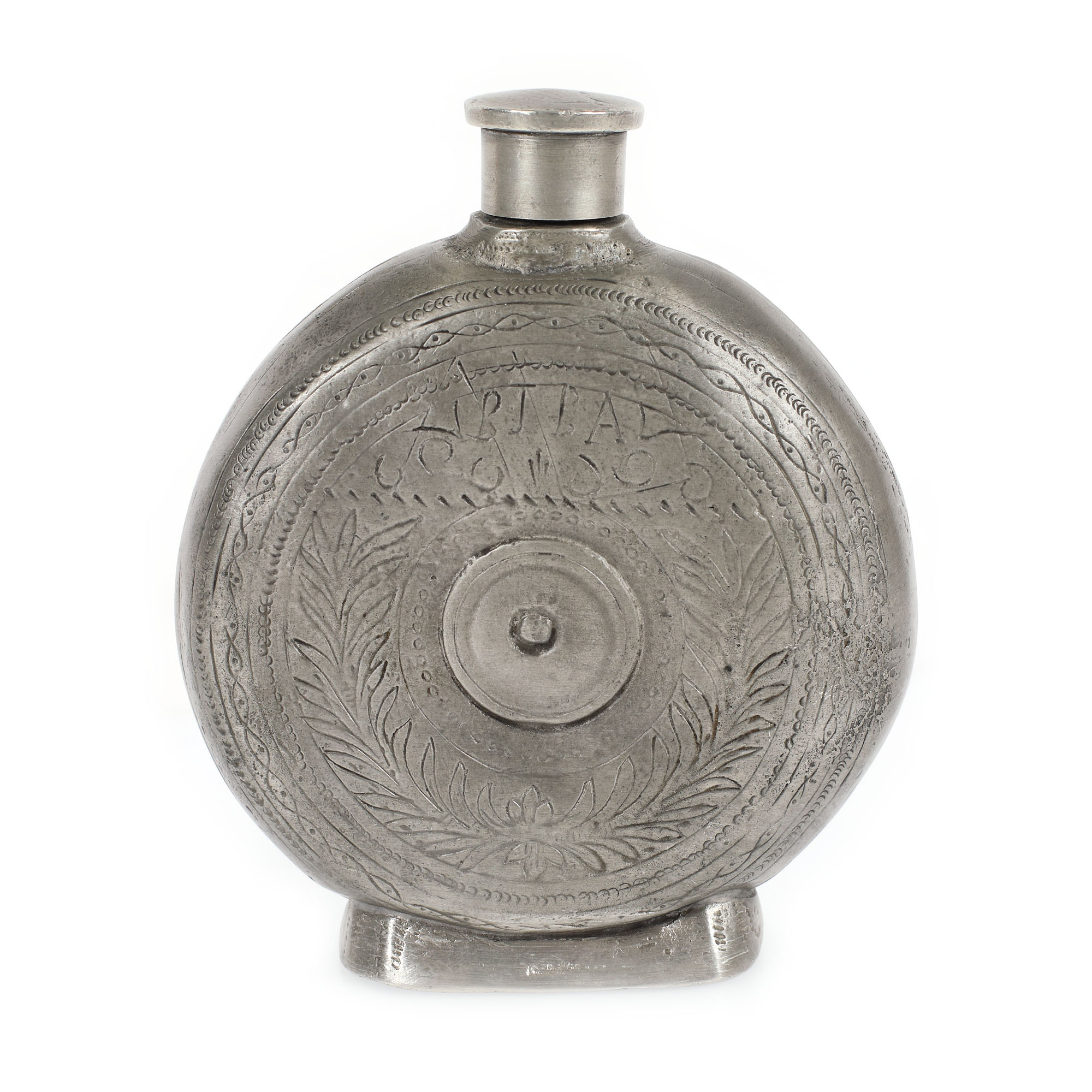 Butelcuță pentru apa sființită, din cositor, cu dop, Transilvania, datată 1895
