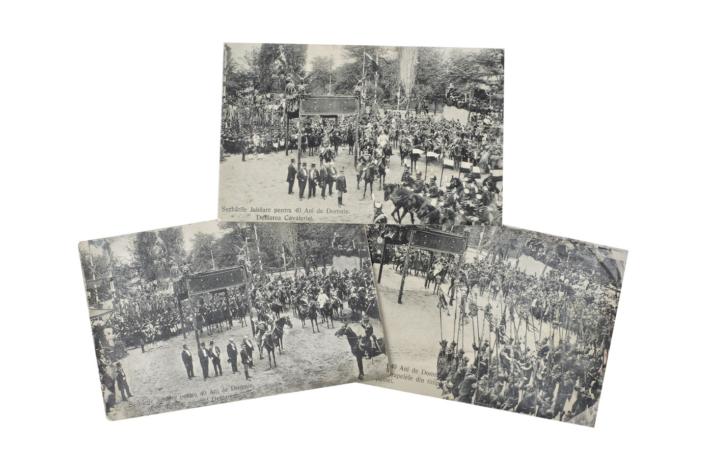 Lot format din trei cărți poștale ilustrând ”Serbările Jubliare pentru 40 de ani de domnie”, 1906