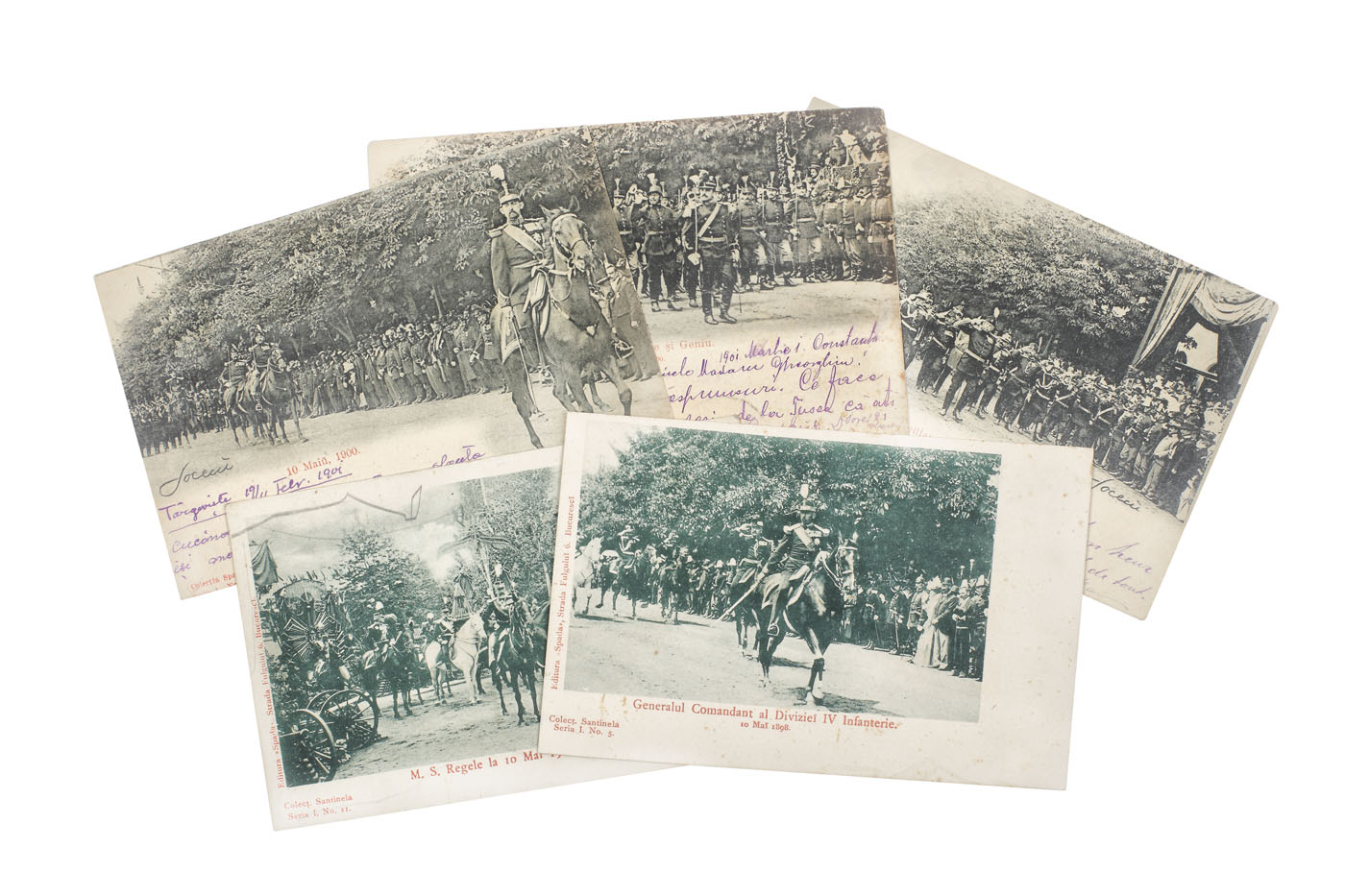 Lot format din cinci cărți poștale ilustrând parade organizate cu ocazia Zilei Naţionale, 10 mai 1897, 1898, 1900