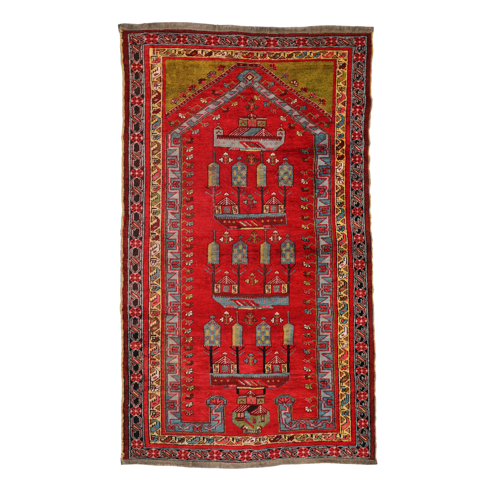 Covor din lână, de rugăciune, decorat cu motive tribale în mihrab, Turcia, prima jumătate a sec. XX