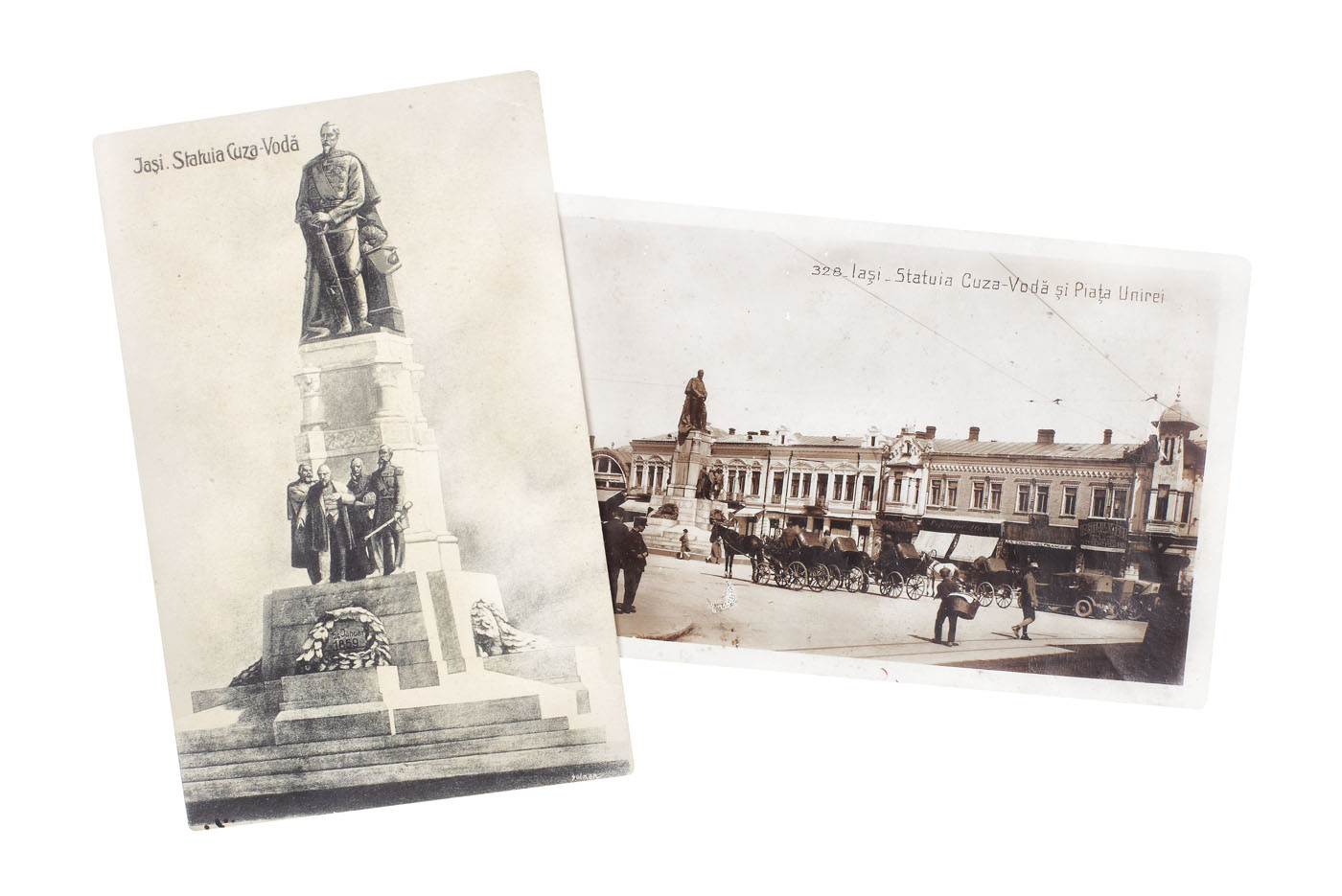 Lot comprising two postcards illustrating the statue of Alexandru Ioan Cuza in Iași, ca. 1925