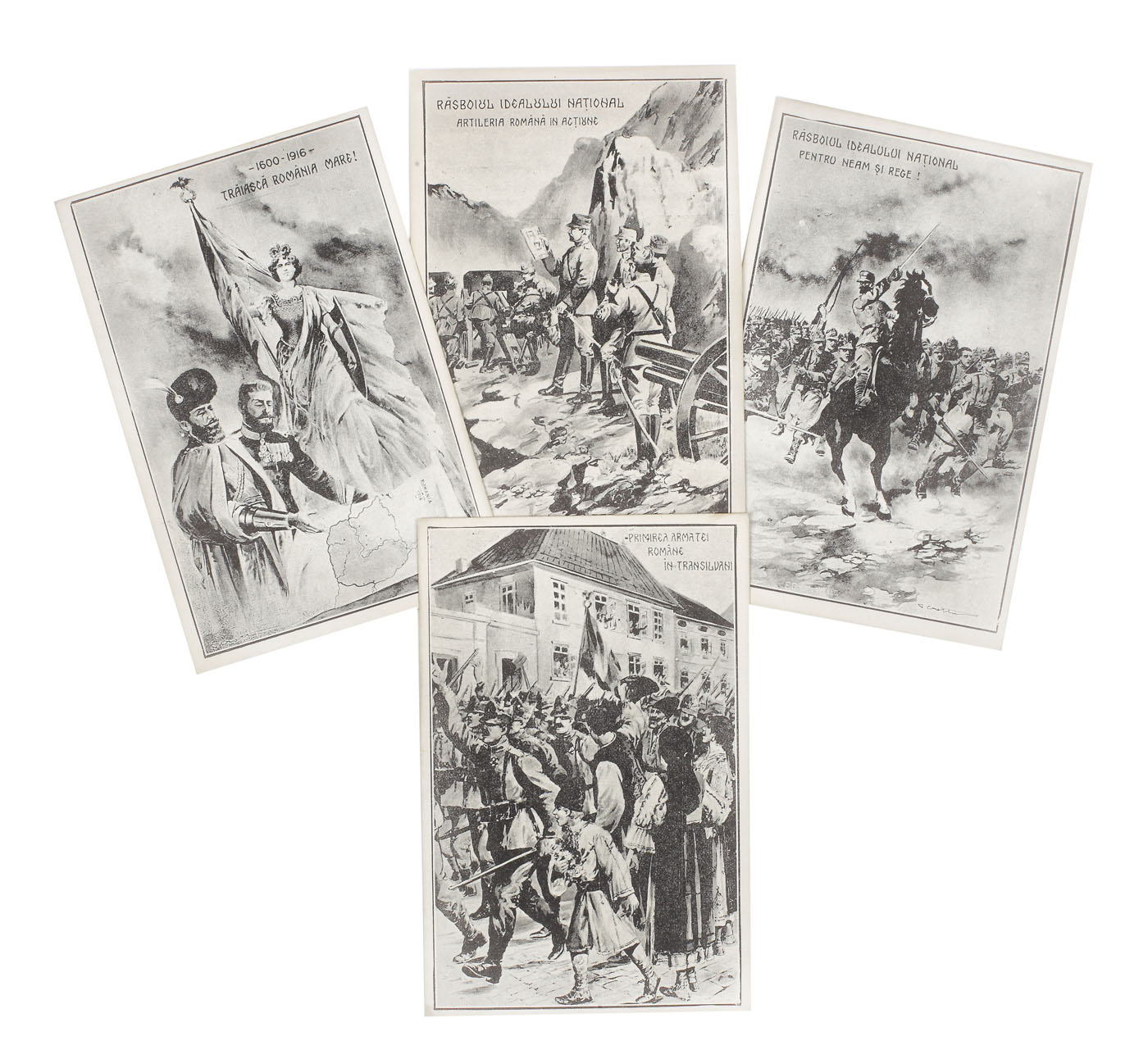 Lot format din patru cărți poștale simbolizând Războiul pentru reîntregirea neamului, litografiate după pictorul italian Giovanni Crotta, cca. 1917