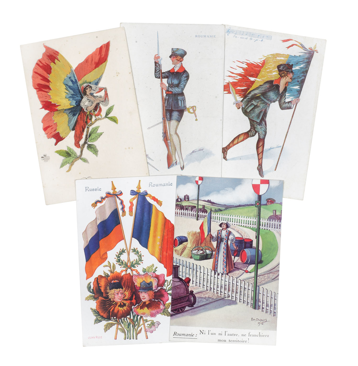 Lot format din cinci cărți poștale color, de propagandă ilustrând frăția de arme francezo-româno-rusă din Primul Război Mondial, cca. 1917