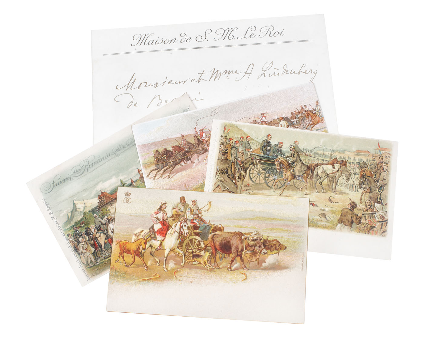Lot comprising four collectible postcards, sent by King Carol I to writer Paul Lindenberg, in their original envelope, late 19th century