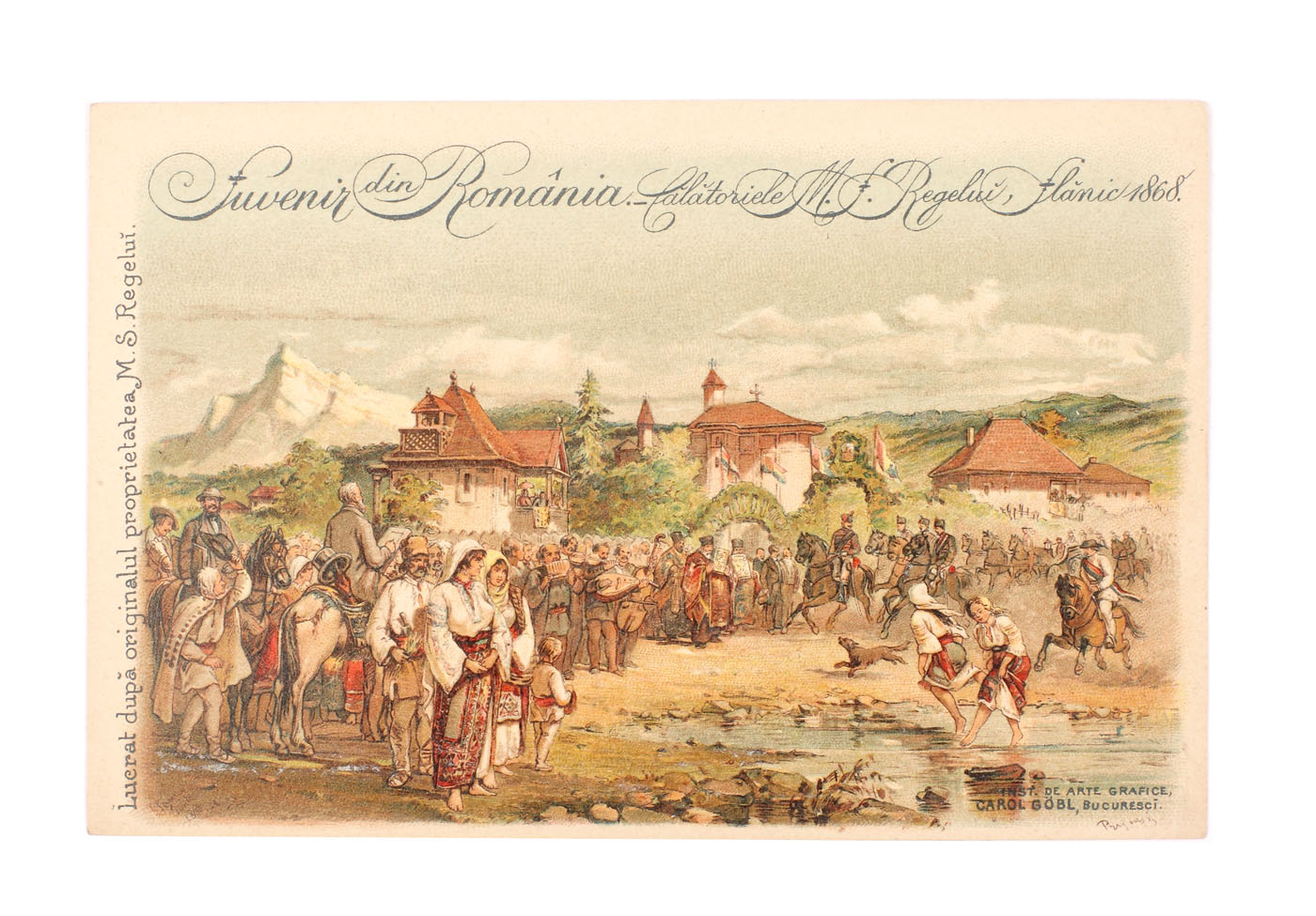 Carte poștală "Călătoriile M.S. Regelui, Slănic 1868", litografie, sfârşitul sec. XIX