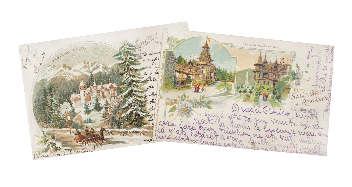 Lot format din două cărți poștale ilustrând castelul Peleș, litografii, sfârşitul sec. XIX