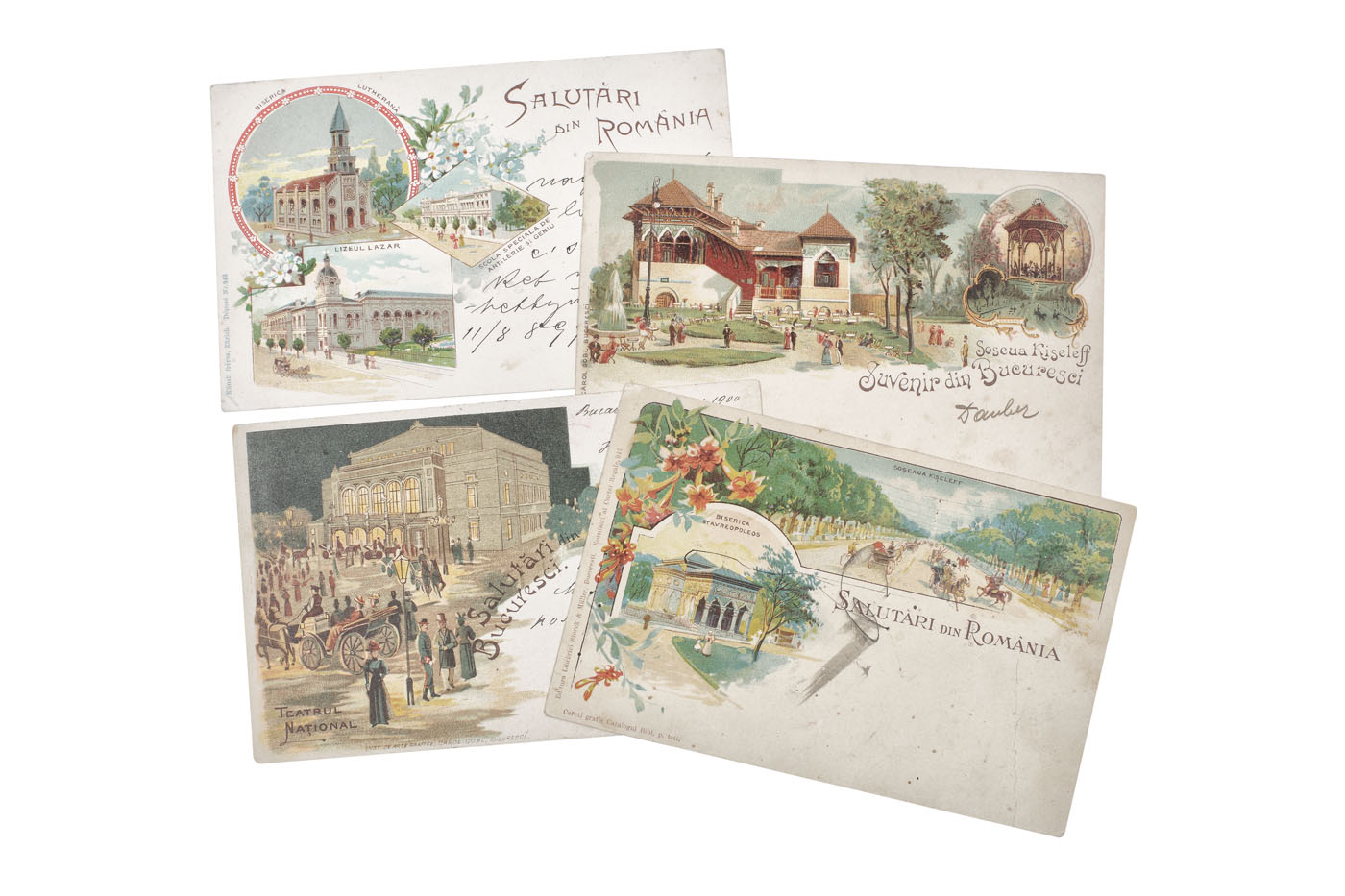 Lot format din patru cărți poștale ilustrând clădiri emblematice din București, litografii, sfârşitul sec. XIX