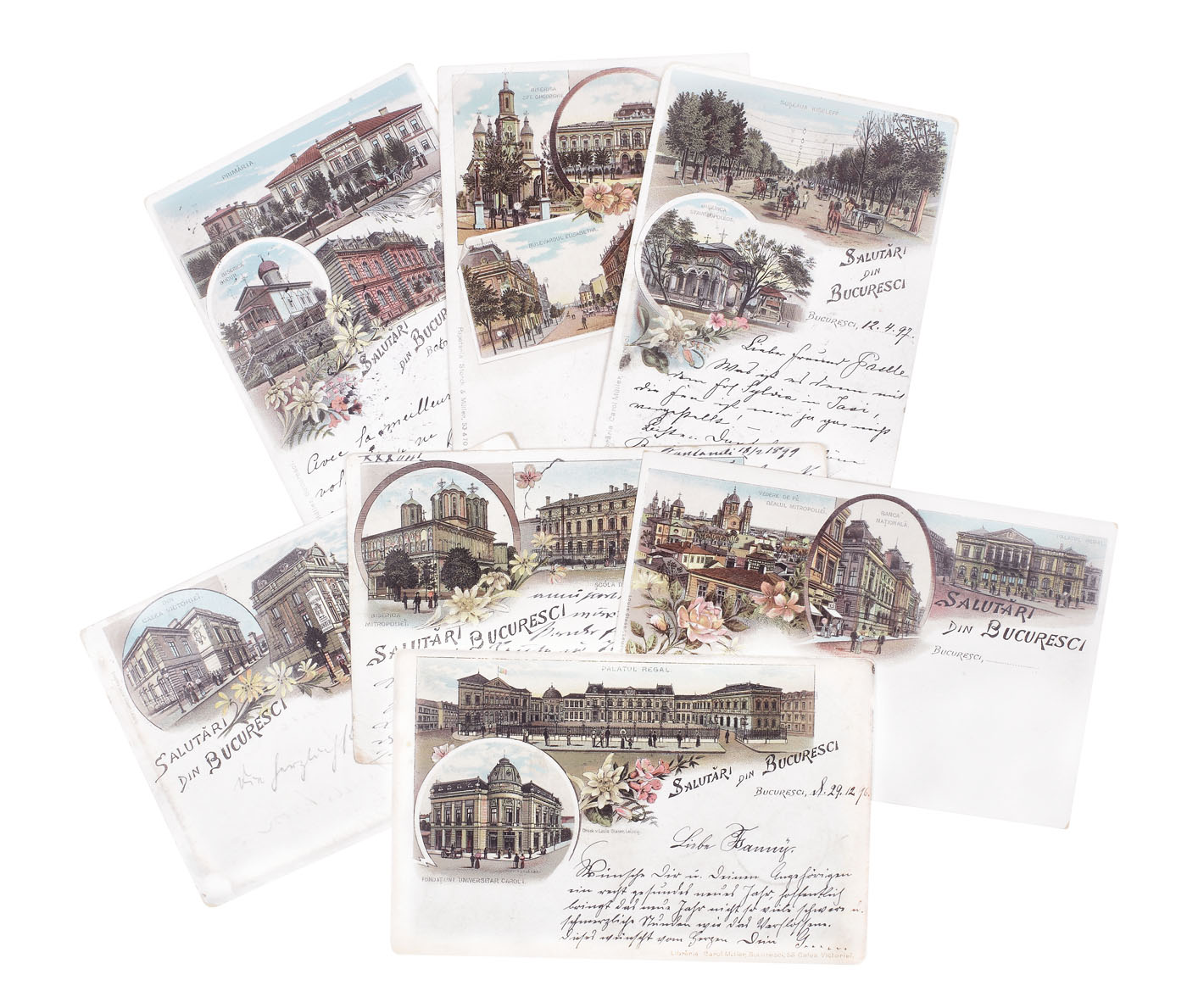 Lot format din șapte cărți poștale ilustrând emblematice edificii bucureştene, litografii, sfârşitul sec. XIX