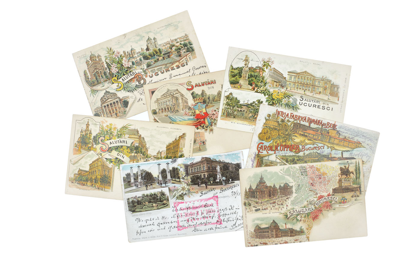 Lot format din șapte cărți poștale ilustrând importante edificii bucureştene, litografii, sfârşitul sec. XIX