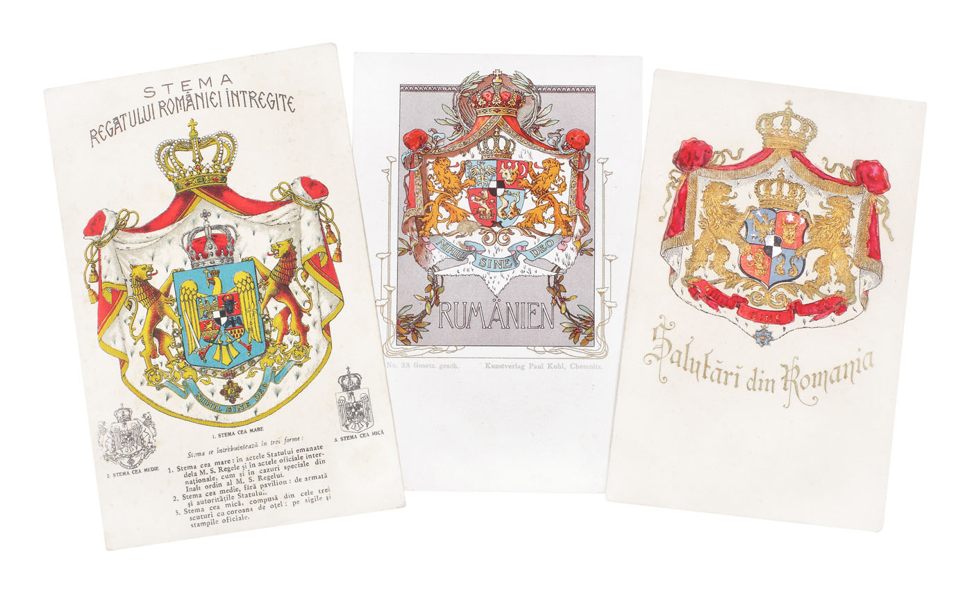 Lot format din trei cărți poștale ilustrând stema României regale, litografie de Paul Kohl și cromolitografie după un desen al lui Carol Popp Szathmary, sfârşitul sec. XIX