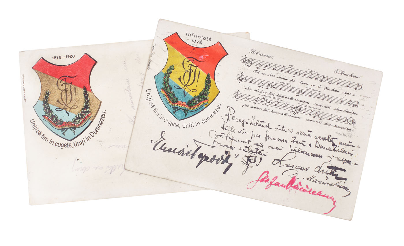 Lot comprising two postcards with the insignia of the "Junimea Academic Society," ca. 1928