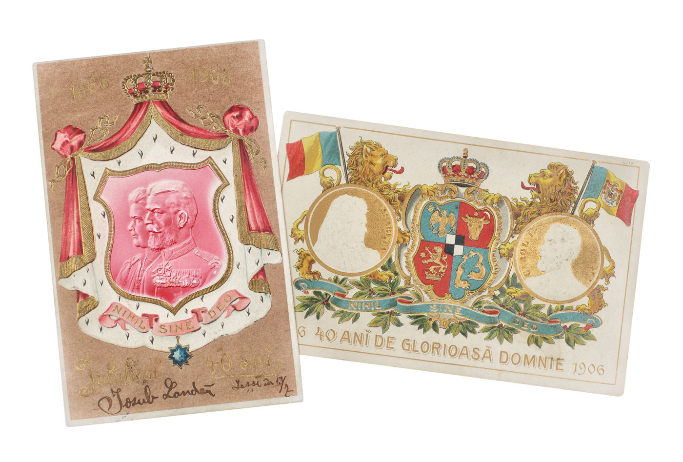 Lot comprising two postcards, illustrating King Carol I and Queen Elizabeth, on the occasion of the celebration of 40 years of reign, 1906 